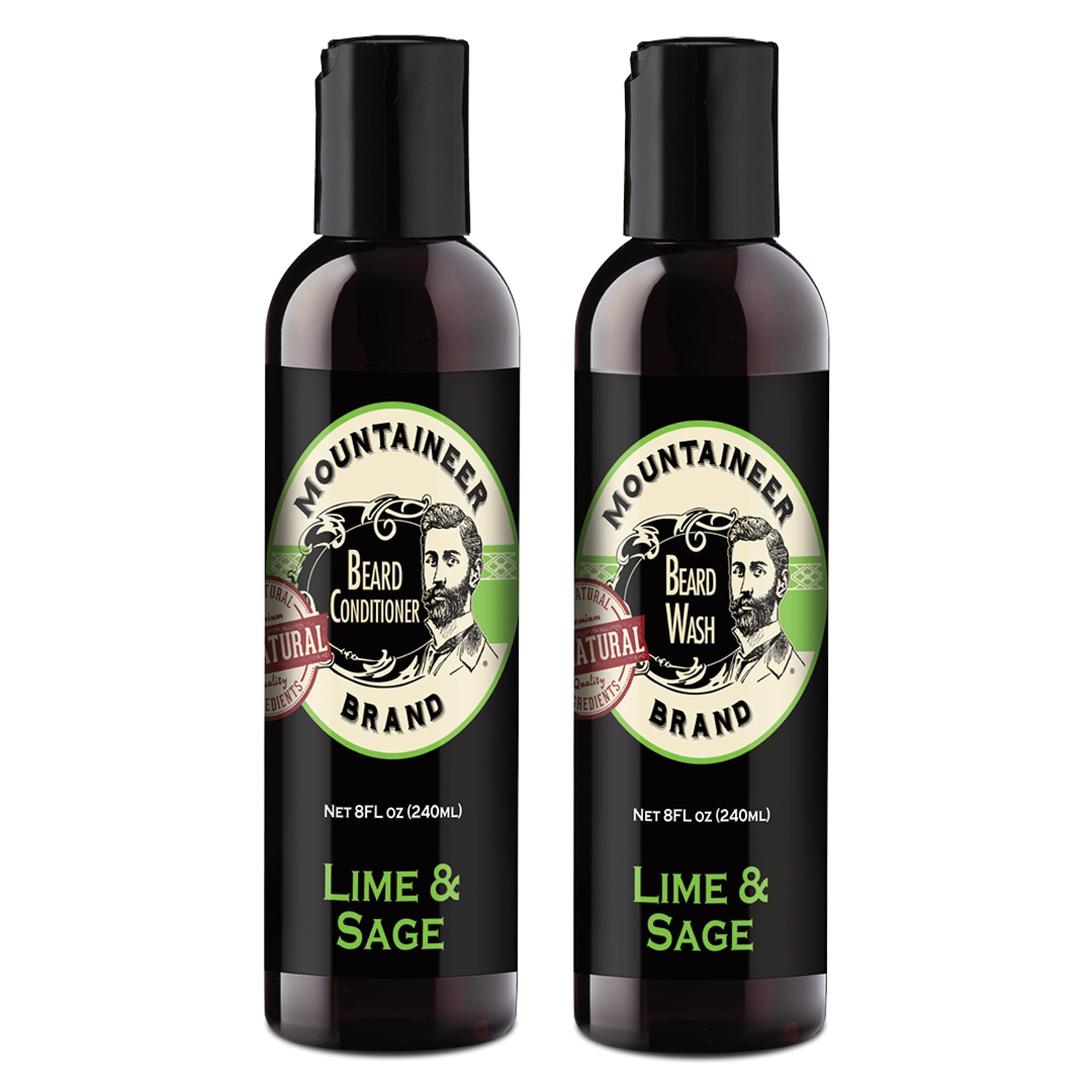 Mountaineer Brand Basic Beard Bundle - Beard Wash & Conditioner Set for Men | Deep Cleansing Beard Shampoo & Hydrating Conditioner | Softens & Nourishes Facial Hair | Lime & Sage Scented (2 x 8oz) | Perfect for Daily Grooming & Beard Care Routine