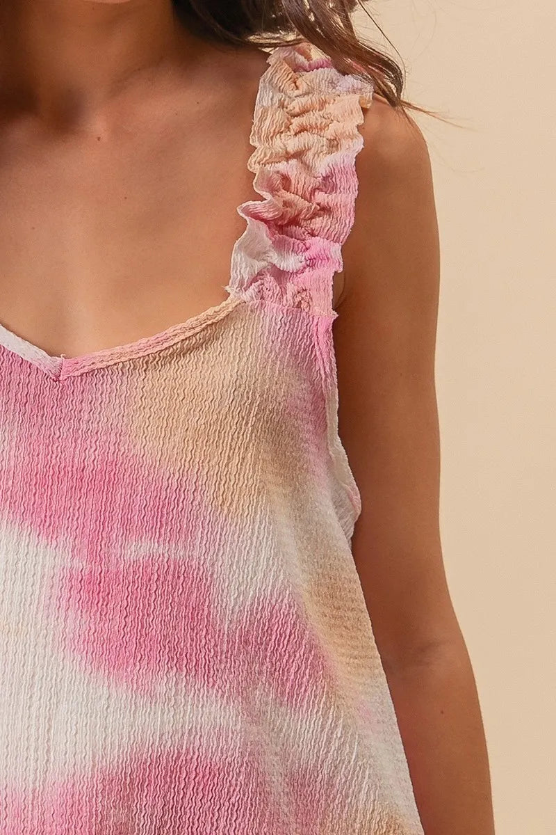 BiBi Tie Dye Printed Textured Woven Ruffled Blouse - Stylish Boho Chic Top for Women, Perfect for Summer Festivals, Beach Vacations & Casual Outings