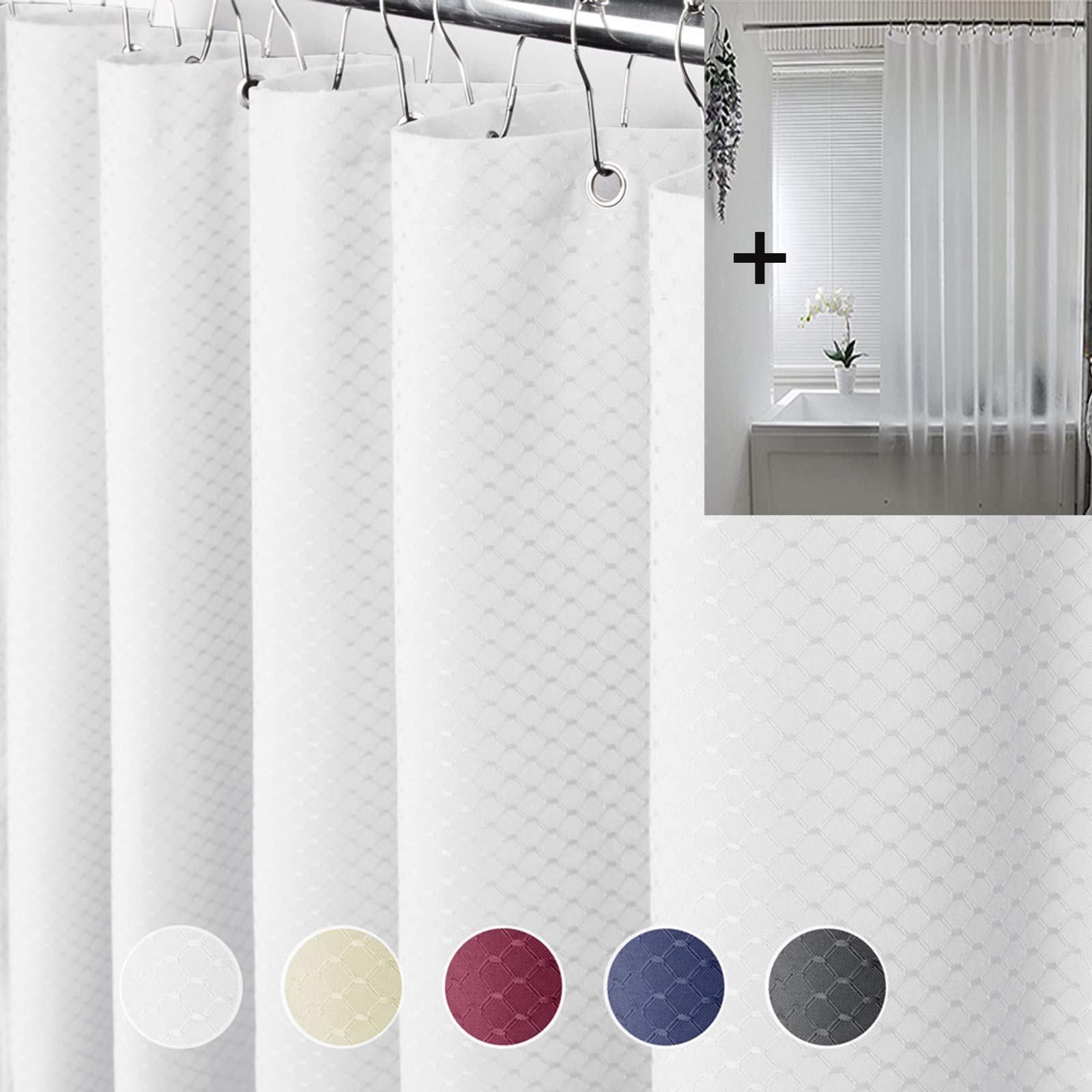 Heavy Duty Waffle Fabric Shower Curtain White with Frosted Plastic Liner - 72x72 Inch Waterproof Bathroom Set for Modern & Luxury Home Decor