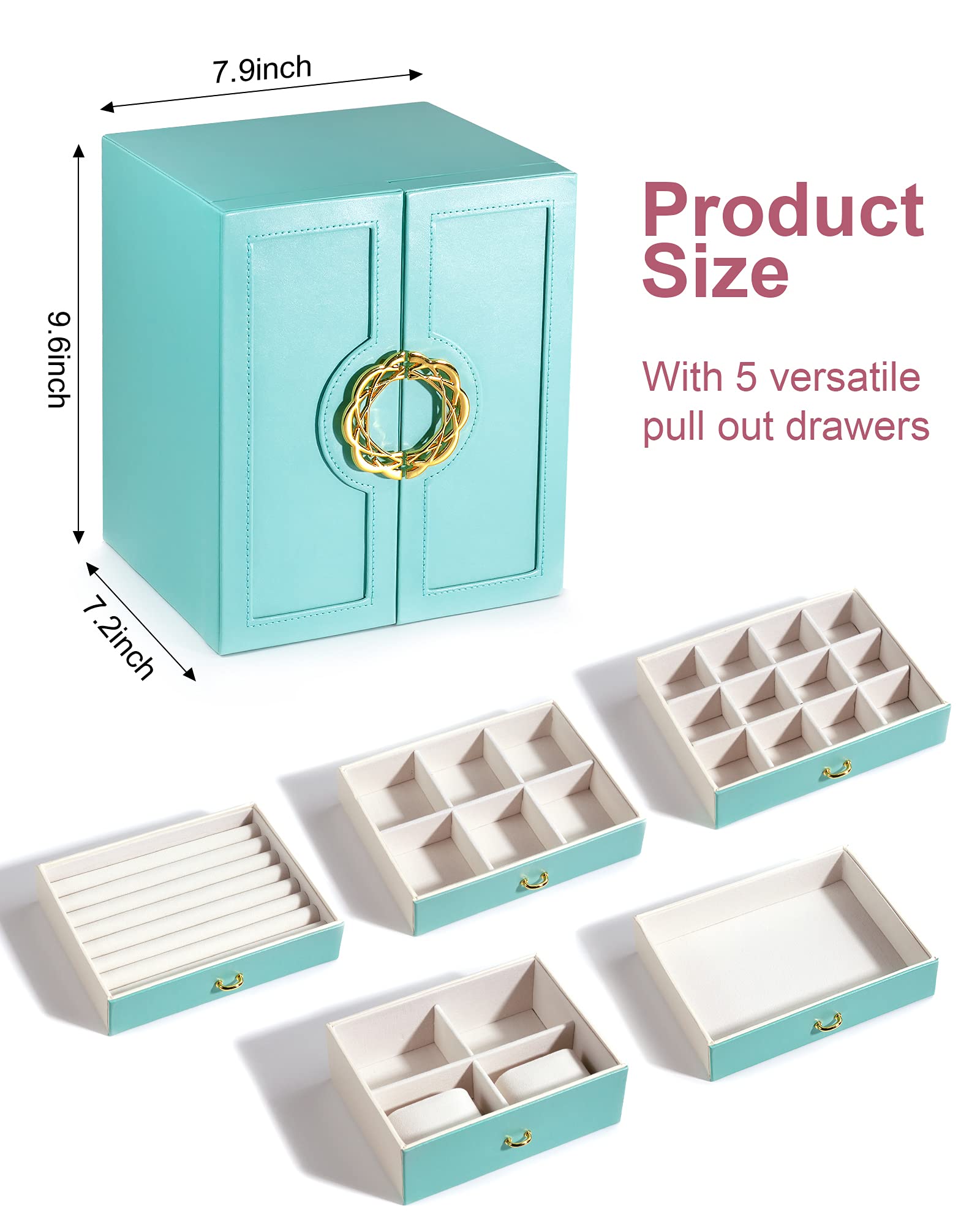 Large Jewelry Organizer Box with 5 Drawers - Leather Storage Case for Necklaces, Earrings, Rings, Watches & Bracelets - Perfect Gift for Women & Girls (Blue) | Bedroom Vanity, Closet & Travel Jewelry Storage Solution
