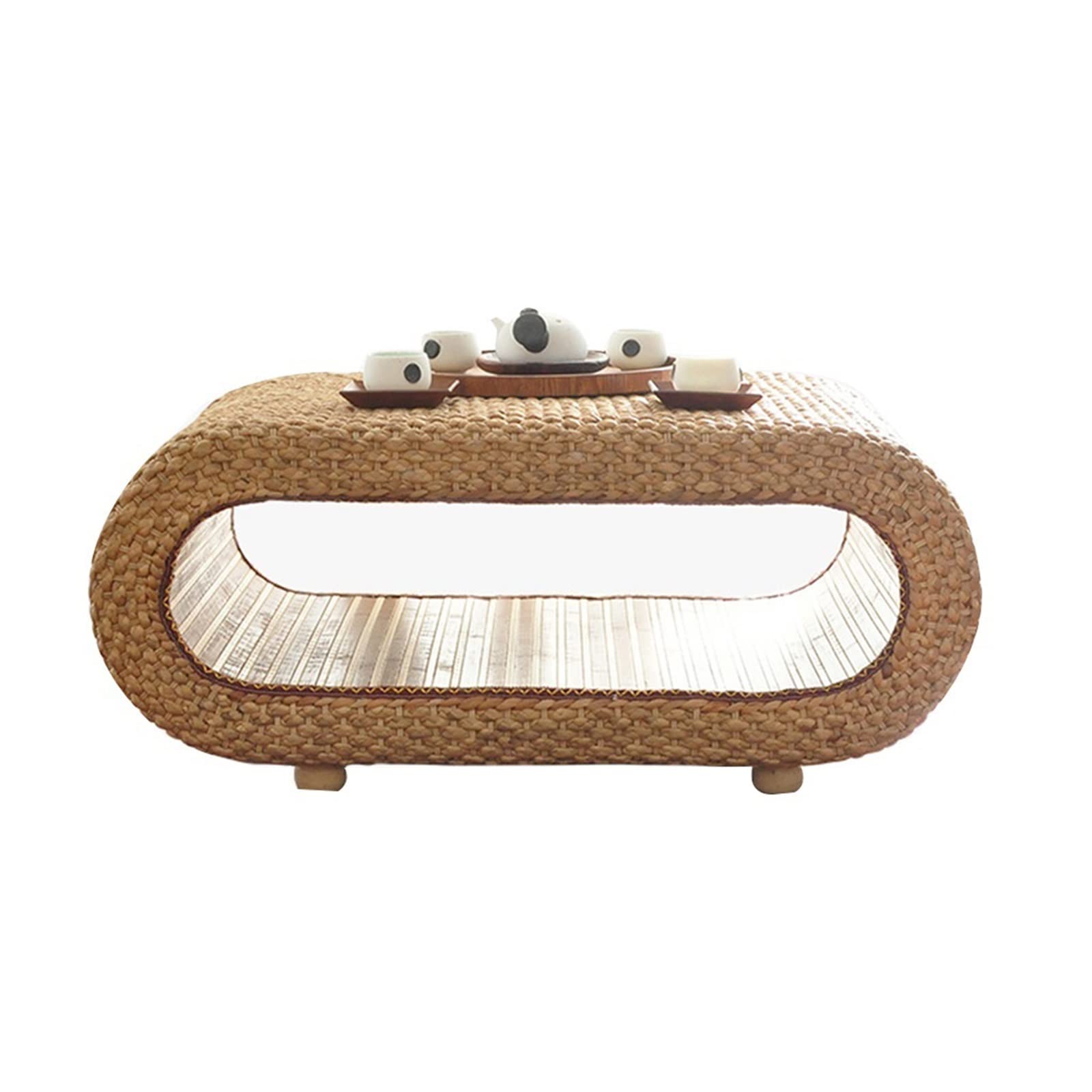 Modern Oval Coffee Table - Low Straw Tatami Side Table for Living Room, Sofa & Windowsill - Multifunctional Beige Kang Table (60x43x35cm) - Perfect for Small Spaces, Japanese Style Decor & Tea Ceremonies