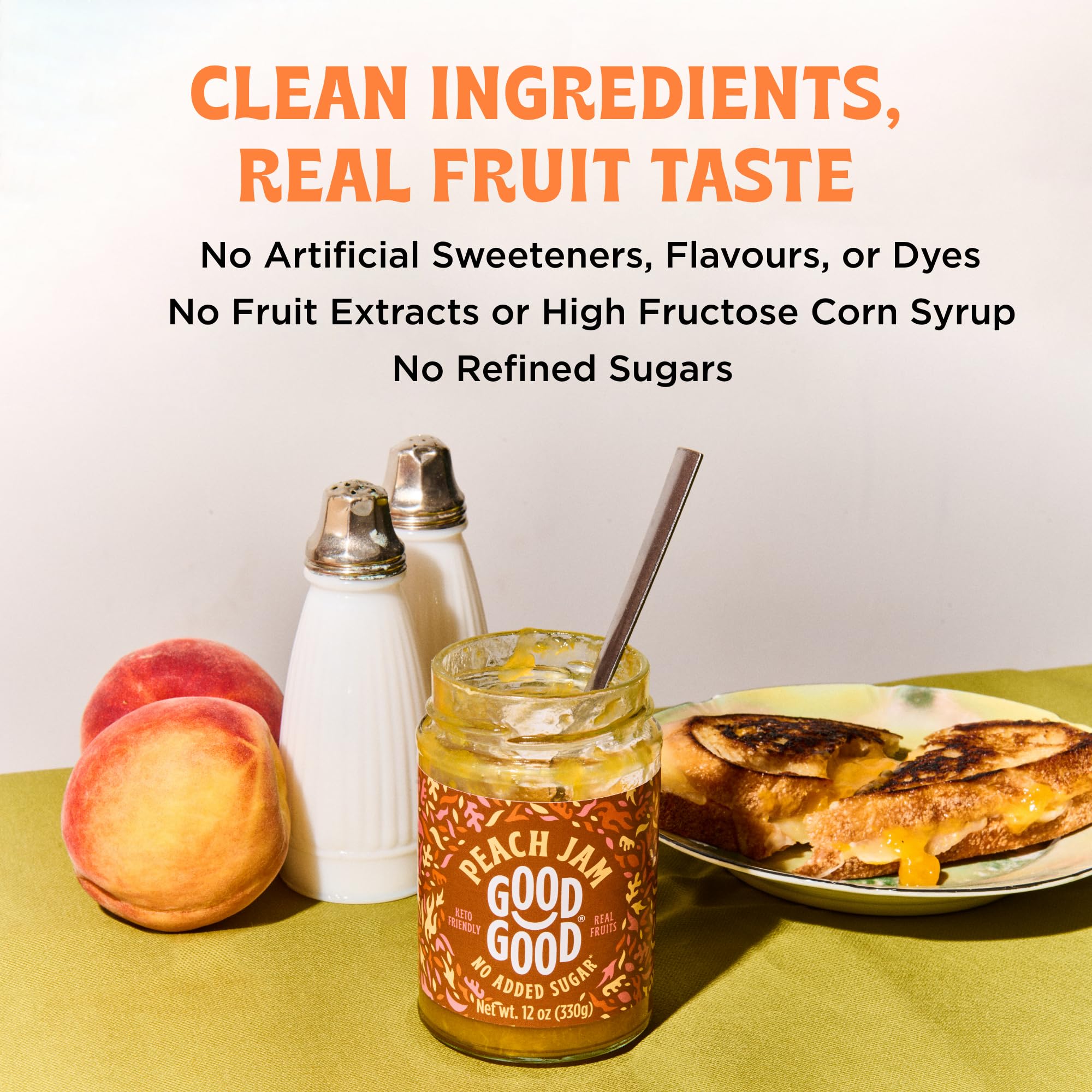 GOOD GOOD Sweet Peach Jam - Low Calorie, Low Carb & No Added Sugar Keto Friendly Jelly - Vegan, Gluten Free Fruit Preserves - 12oz (Pack of 1) - Perfect for Toast, Yogurt & Keto Diet Breakfast