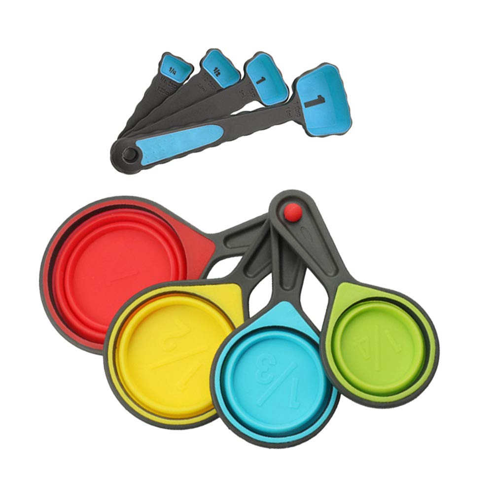 DOITOOL 8-Piece Collapsible Silicone Measuring Cups and Spoons Set - Portable Kitchen Measuring Tools for Liquid & Dry Ingredients (Blue) | Perfect for Baking, Cooking & Meal Prep