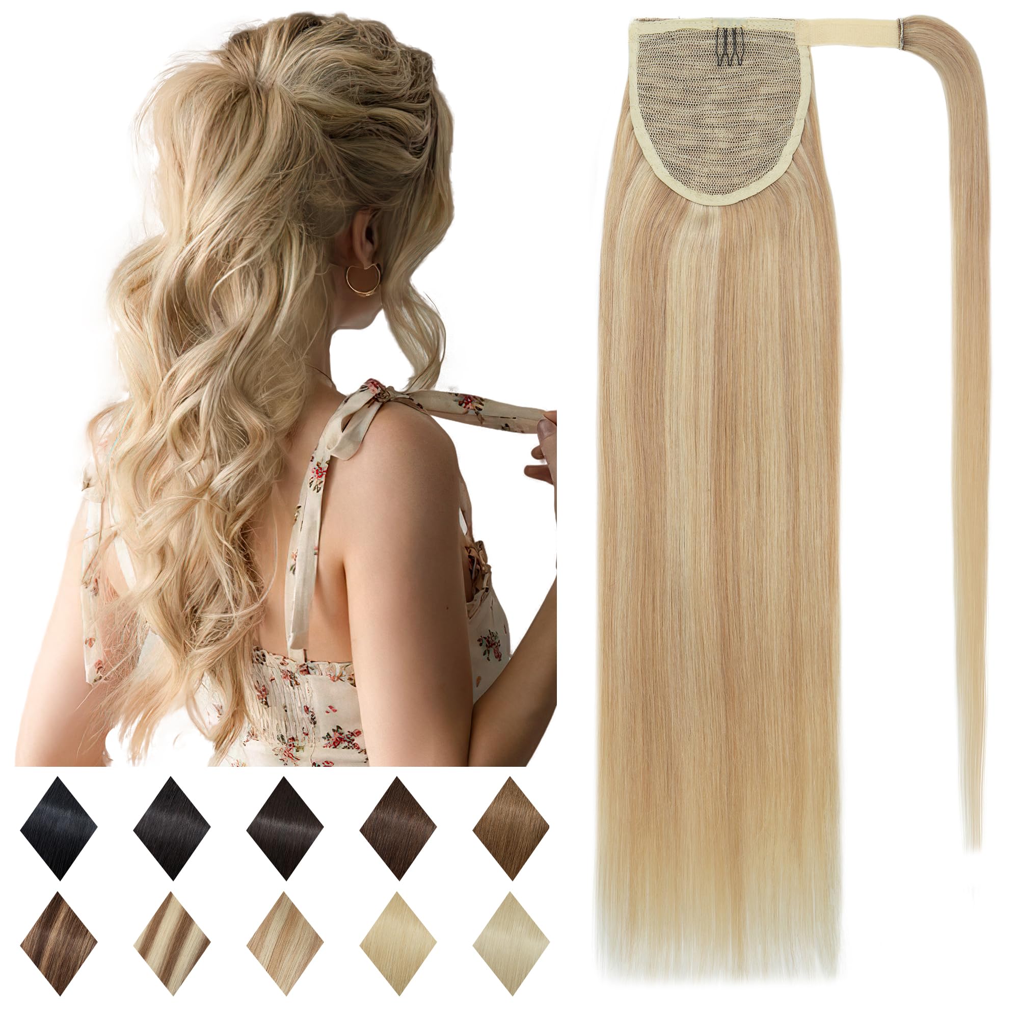 SEGO 20 Inch Clip-In Ponytail Extension - 100% Real Human Hair, Long Straight Wrap Around Ponytail with Magic Paste (Ash Blonde & Bleach Blonde) - Perfect for Daily Wear, Parties, Weddings & Special Occasions