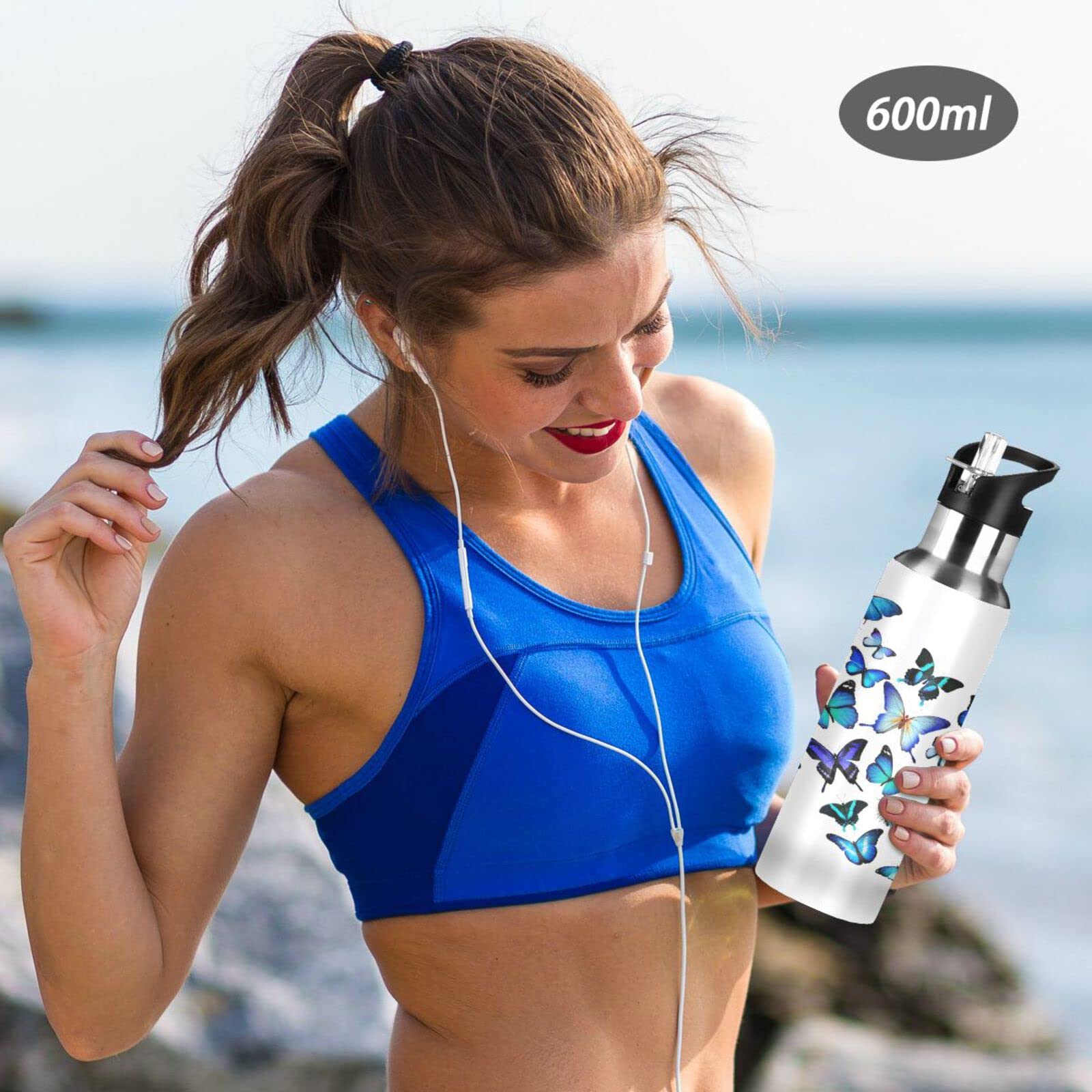 Kcldeci 20oz Blue Butterfly Stainless Steel Water Bottle - Leak Proof, Vacuum Insulated, Double Walled Thermo Mug for Hot & Cold Drinks - Perfect for Sports, Gym, Hiking, Travel & Outdoor Activities