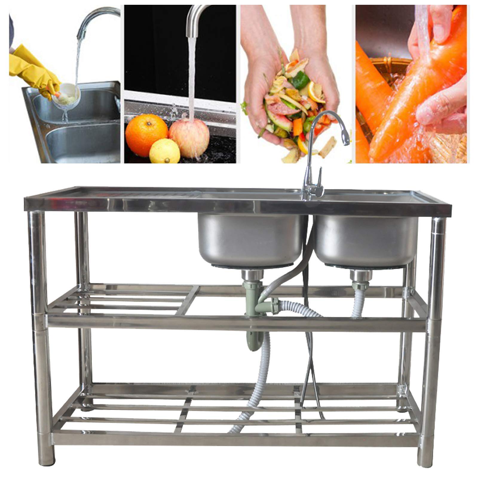 Premium Commercial Double Bowl Stainless Steel Kitchen Sink Set with Drainer & Faucet - Heavy Duty 16 Gauge for Restaurants, Bars, Cafes & Home Kitchens - Perfect for High-Traffic Food Prep, Dishwashing & Buffet Stations