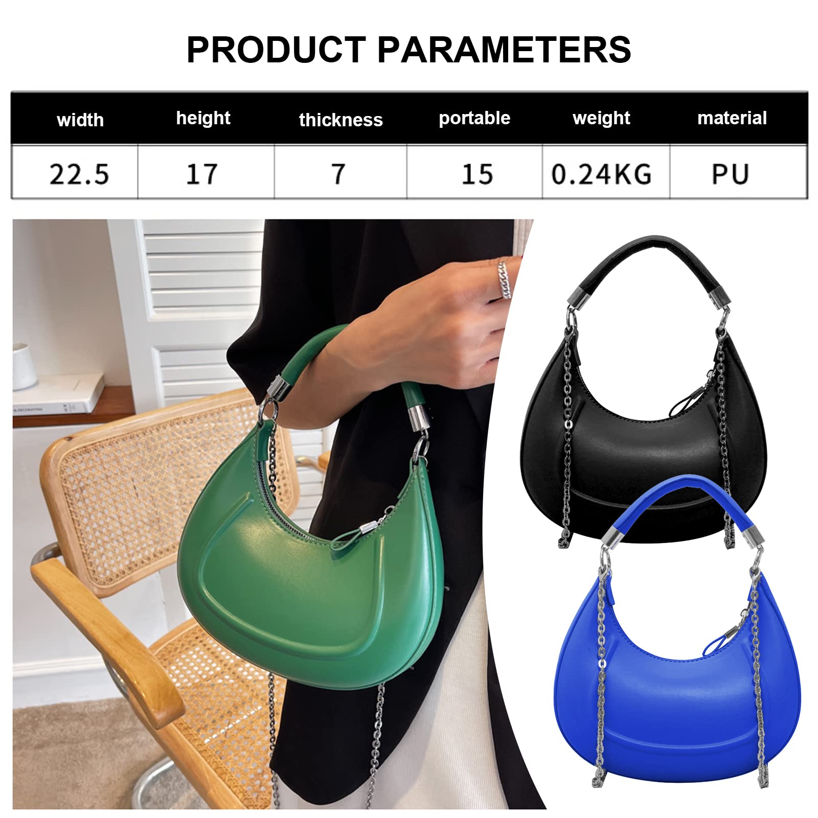 Stylish Crescent Moon PU Handbag for Women - Crossbody & Tote Bag with Adjustable Chain Strap & Secure Zipper Closure | Perfect for Date Night, Office Work & Evening Events