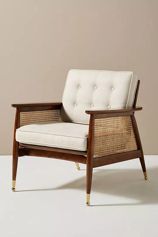 Nadia Caned Accent Chair with Brass Caped Design - Mid-Century Modern Rattan Lounge Chair for Living Room, Bedroom & Office Decor