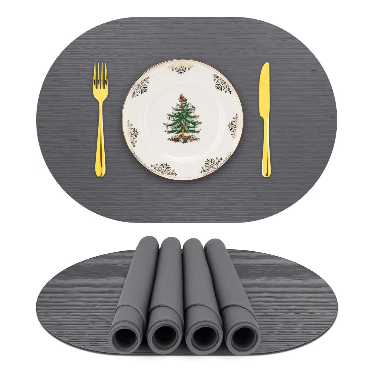 Premium Non-Slip Silicone Placemats for Dining Table - Waterproof, Heat Resistant & Washable Oval Place Mats for Kids & Adults - Perfect for Indoor Kitchen, Outdoor Patio & Restaurant Use (Dark Gray, Oval)
