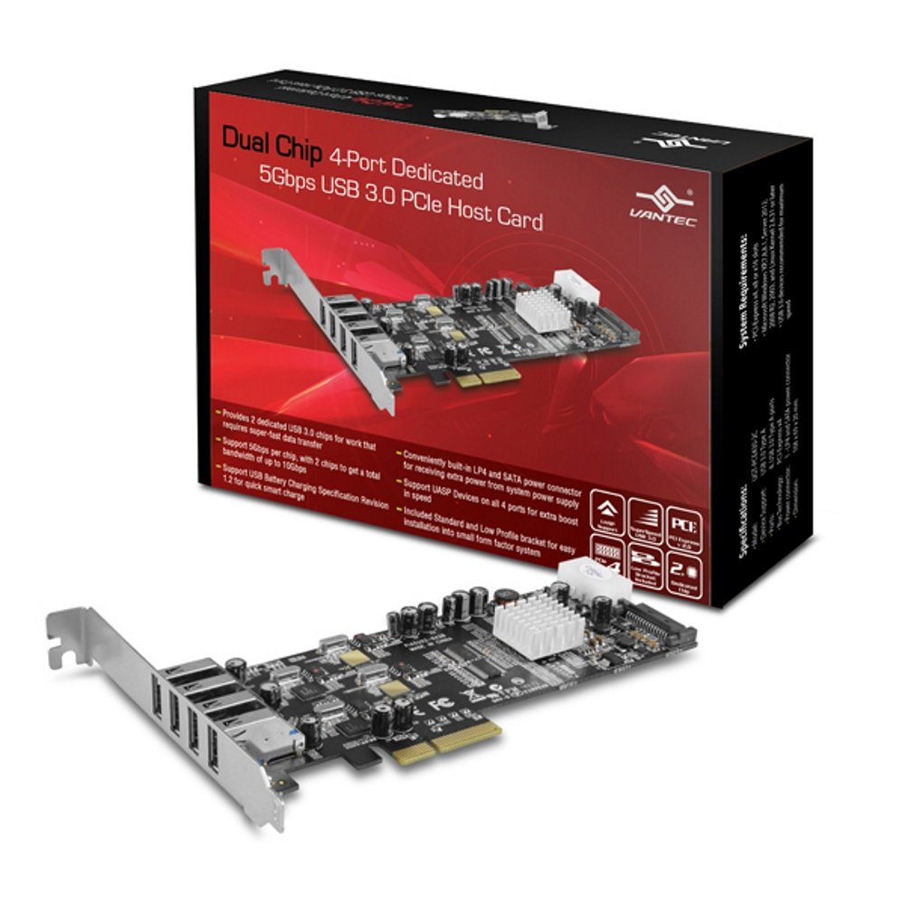 Vantec UGT-PCE430-2C Dual Chip 4-Port USB 3.0 PCIe Host Card - 5Gbps High-Speed Data Transfer for PC, Laptop, and Workstation - Ideal for External Storage, Printers, and Peripherals