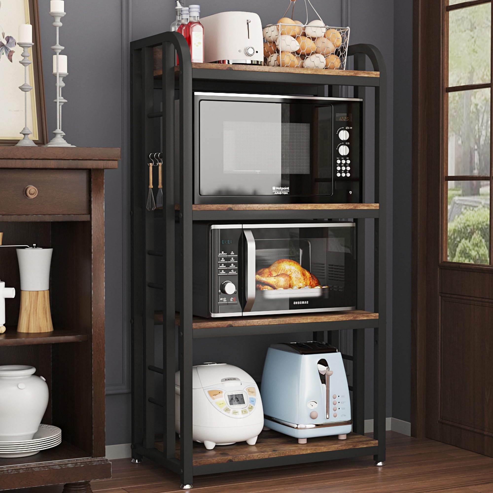 4-Tier Adjustable Microwave Stand with Storage Shelf - Free Standing Kitchen Organizer for Coffee Bar, Spices & Pots (Brown) - Perfect for Small Kitchens & Pantry Organization