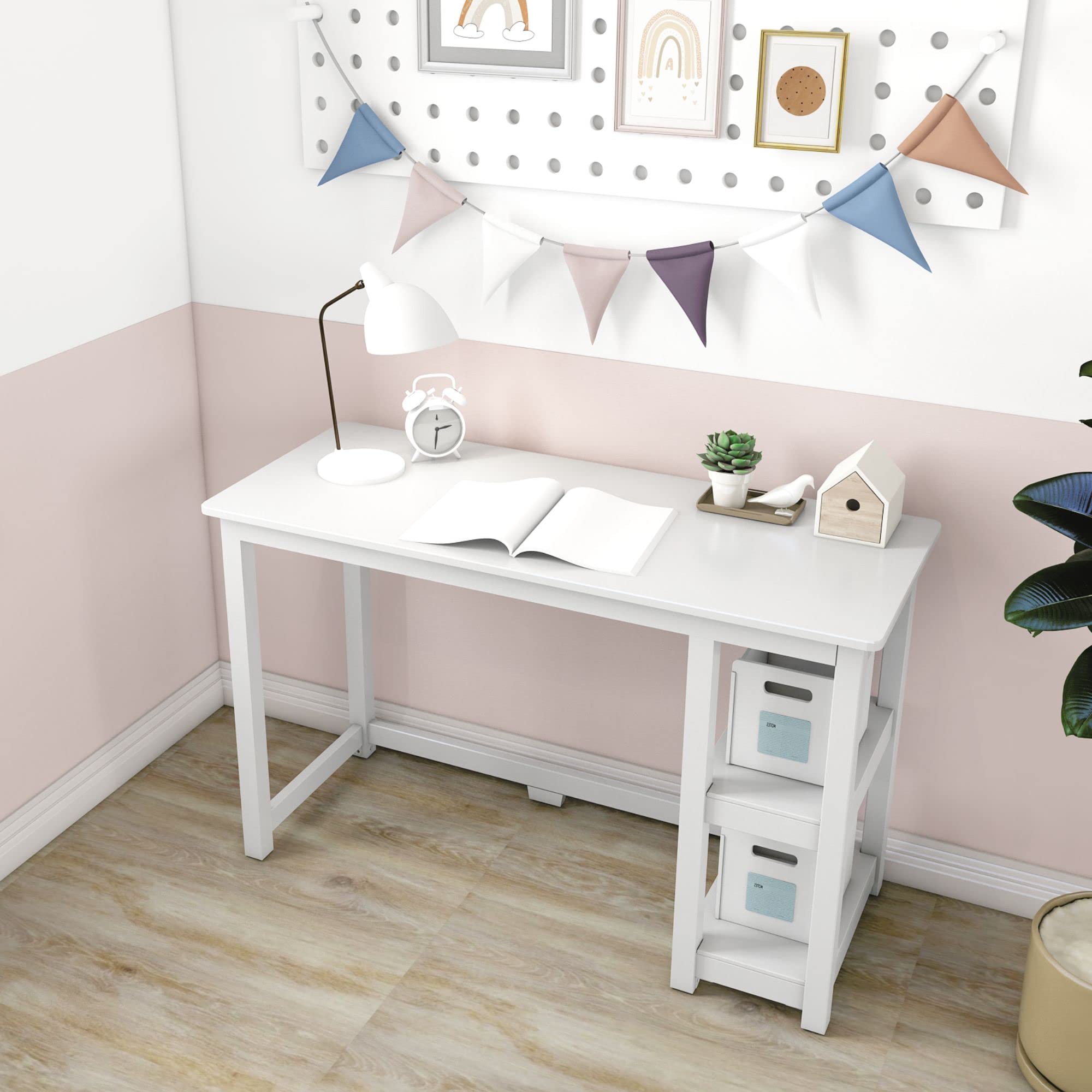Max & Lily 47 Inch Solid Wood Study Desk with Storage Shelves - White - Perfect for Home Office, Kids Room, and Dormitory Organization
