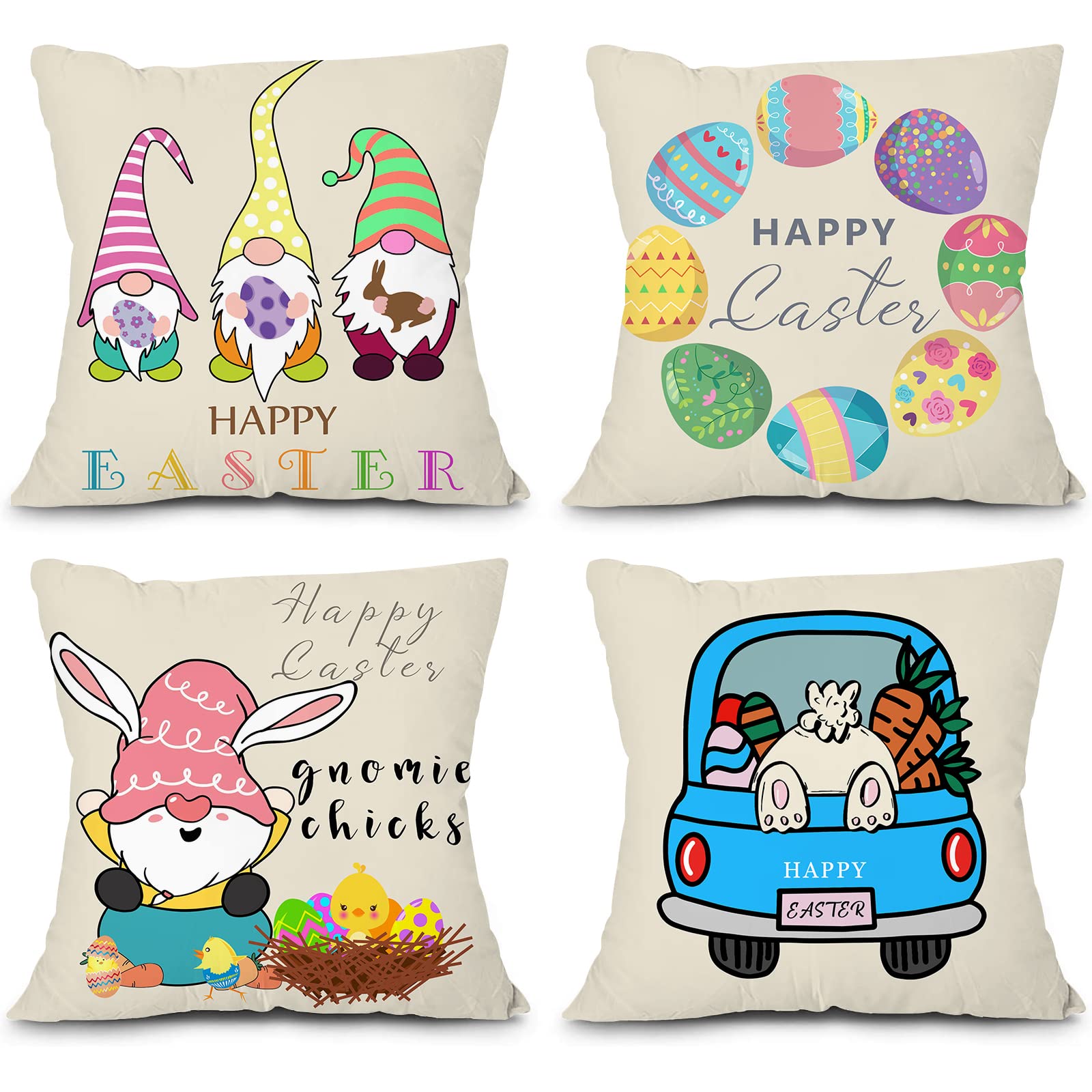 Easter Gnomes Pillow Covers Set of 4 - 16x16 Inch Spring Decor with Bunny & Eggs for Sofa, Couch, Bed, Home, Outdoor & Car - Happy Easter Decorations for Living Room, Patio & Vehicle