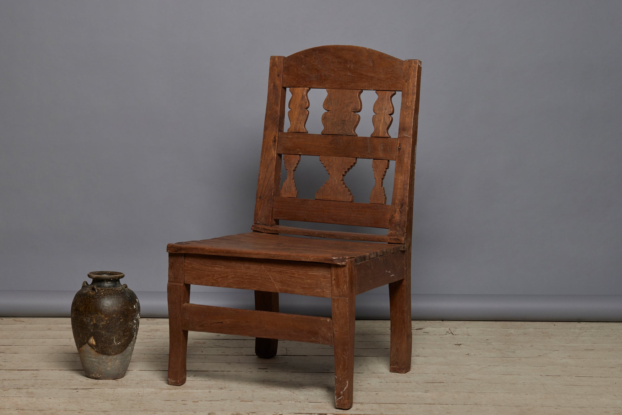 19th Century Large Dutch Colonial Teak Wood Chair - Antique Solid Wood Dining Chair with Slat Seat, Armless Design - Perfect for Vintage Home Decor, Dining Room, or Office