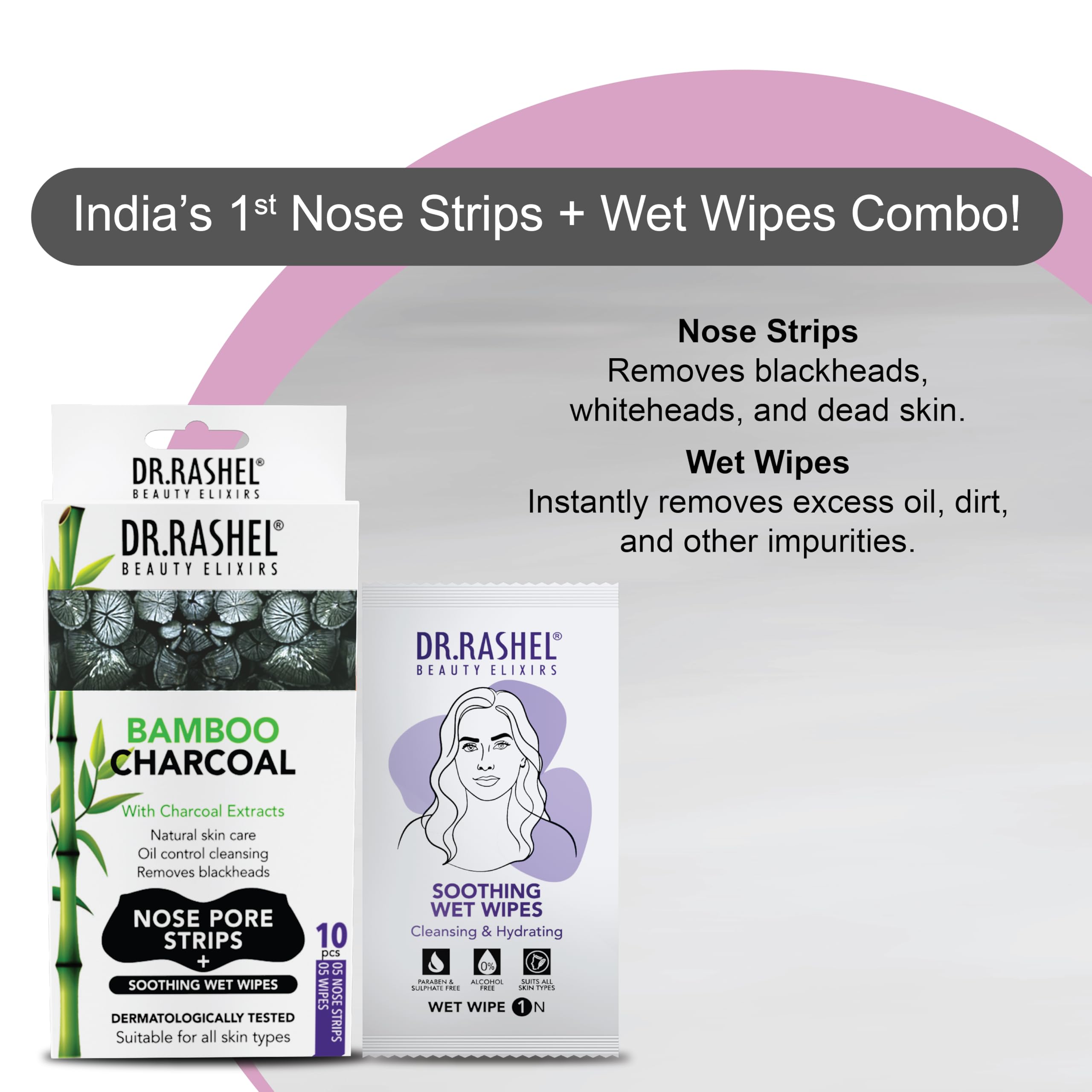 Dr. Rashel Bamboo Charcoal Nose Pore Strips - 10 Pack (5 Strips & 5 Wipes) with Charcoal Extracts for Oil Control & Deep Cleansing | Blackhead Removal & Pore Minimizer for Clear Skin | Perfect for Daily Skincare & Spa Nights