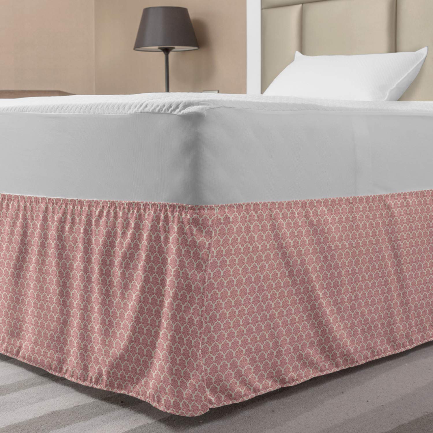 Lunarable Dusty Rose Elastic Bed Skirt - Victorian Damask Pattern Wrap Around Bedskirt for Full Size Beds | Elegant Bedroom Decor & Dust Ruffle | Perfect for Vintage & Feminine Bedroom Themes