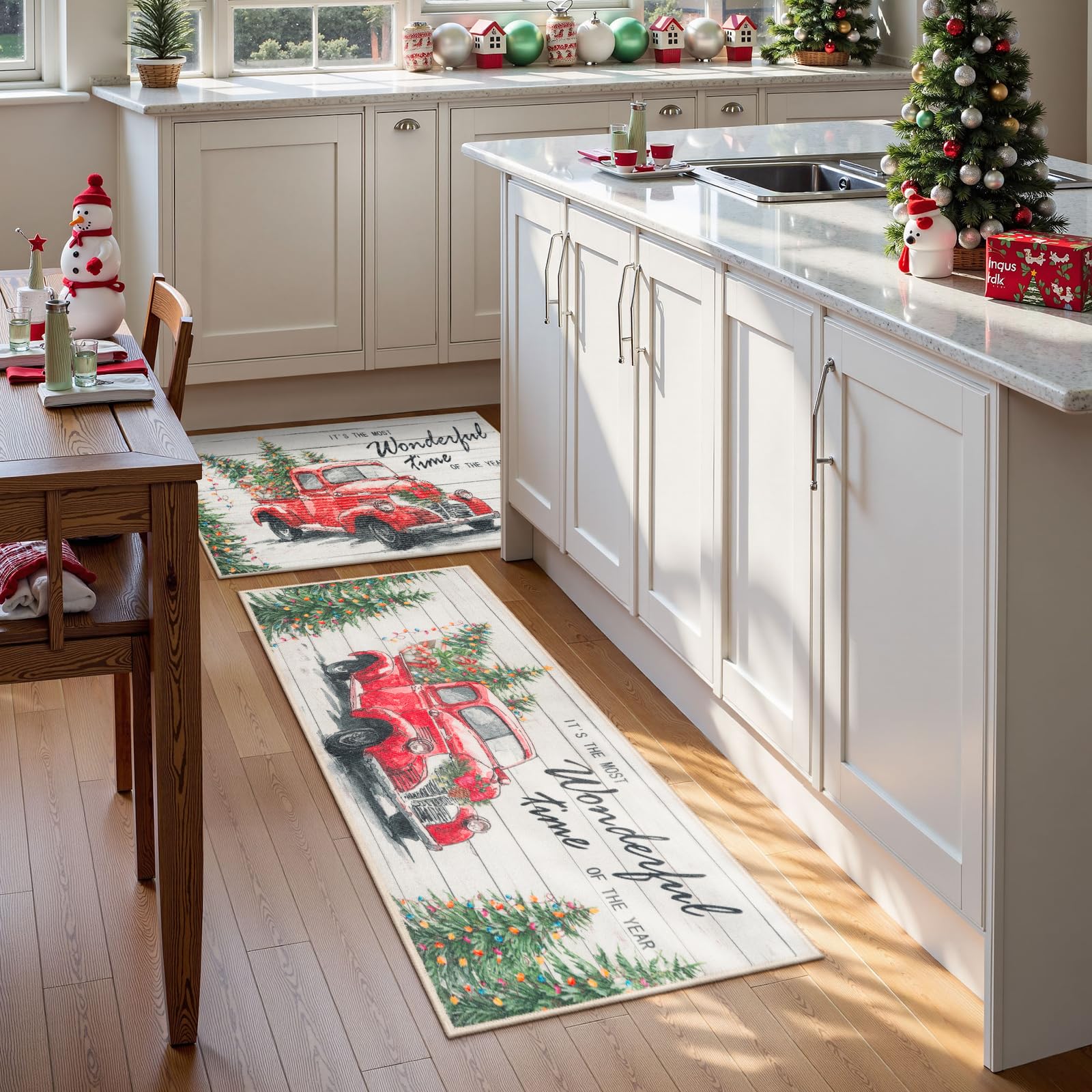 LEEVAN Christmas Kitchen Mat Set of 2 - Non-Slip Cushioned Holiday Rugs with Christmas Tree Truck Design, Washable Anti-Fatigue Floor Mats for Winter - Perfect for Kitchen, Entryway, and Holiday Decor