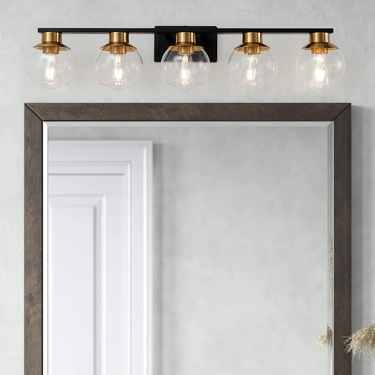 PAZALA Black Gold 5-Light Bathroom Vanity Light Fixture - Modern Wall Sconce with Globe Glass Shade, E26 Base - Perfect for Bathroom Mirror, Bedroom Dresser, Hallway & Living Room Wall Lighting - Elegant Home Decor for Modern Interiors