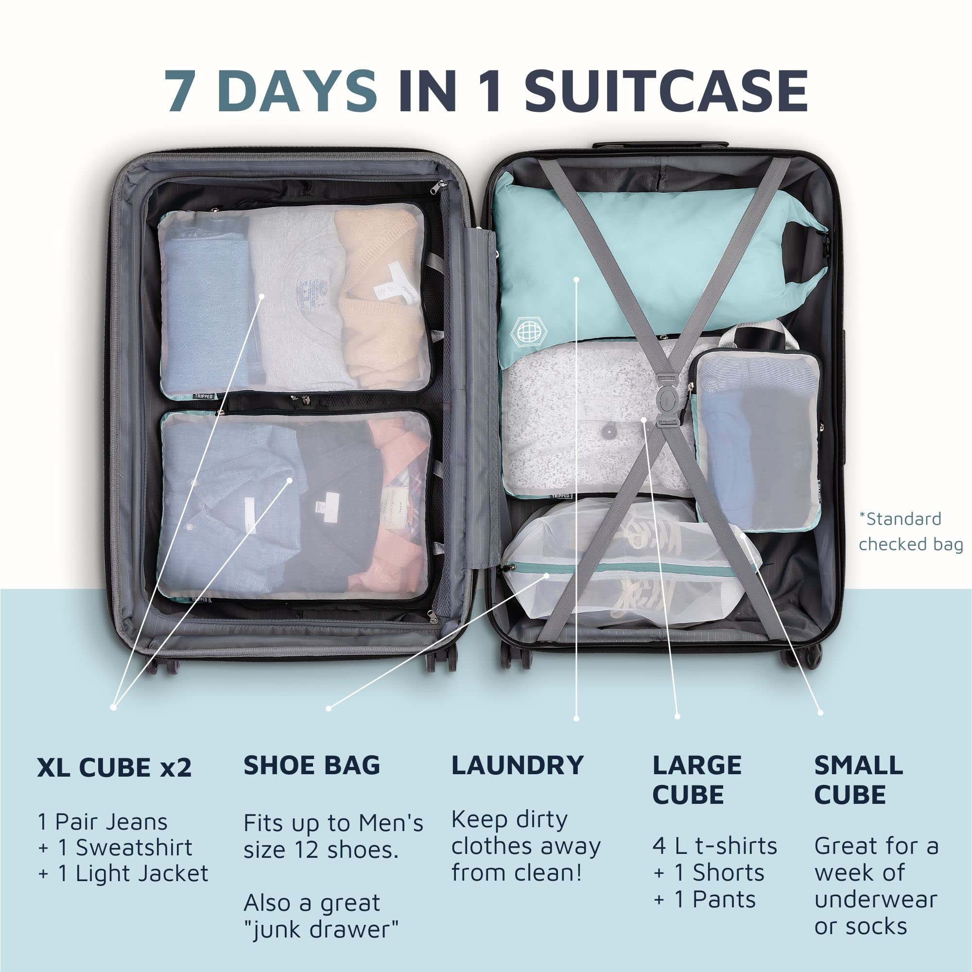 TRIPPED Travel Gear Large Packing Cube Set with Clear Mesh - 6-Piece Compression Travel Organizers for Suitcases | Perfect for Vacation, Business Trips & Backpacking