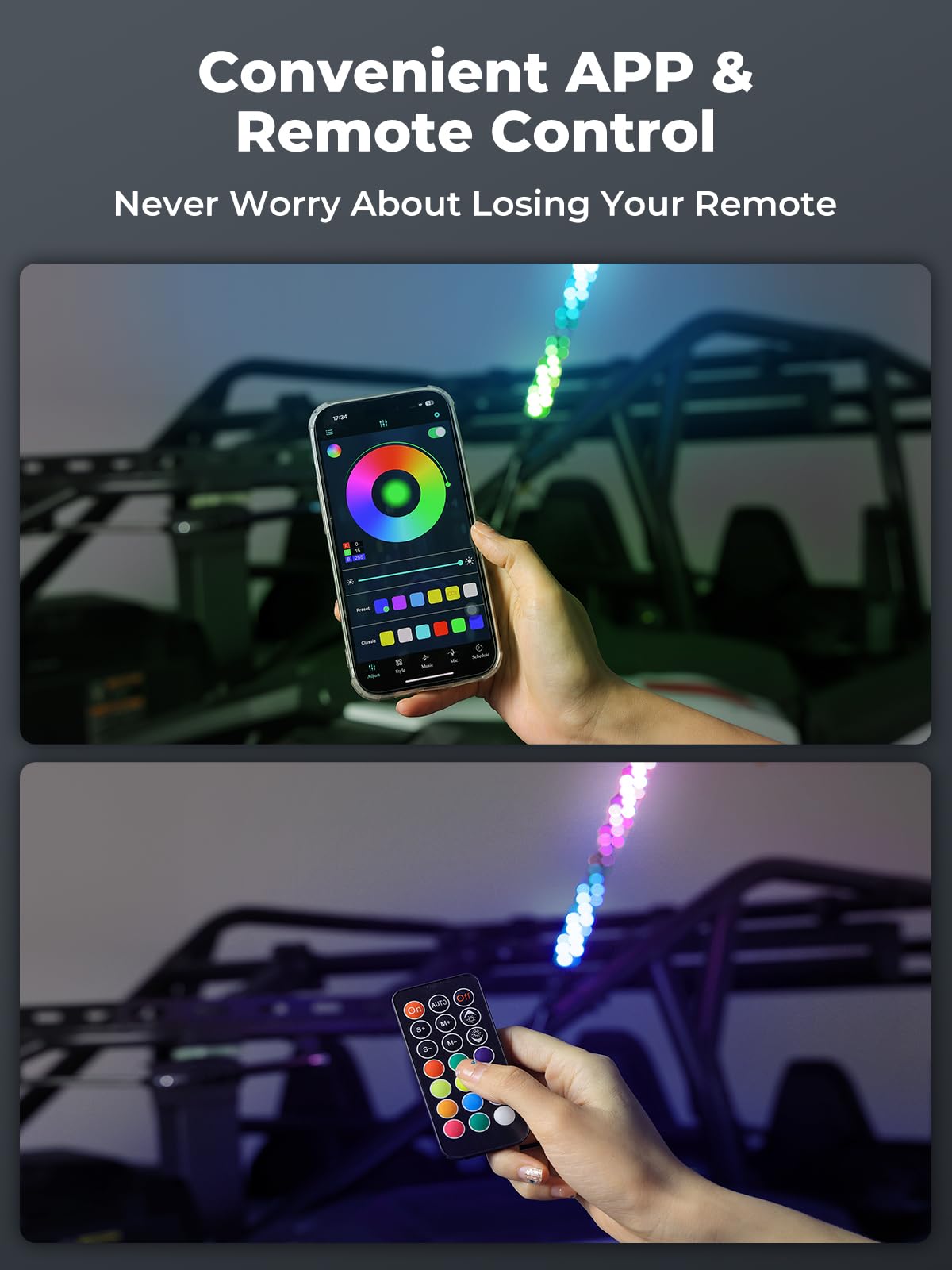 KEMIMOTO 2-Pack 4ft Bluetooth LED Whip Lights for UTV & ATV - Turn Signal Function, App & RF Remote Control - Compatible with Polaris RZR, Can-Am Maverick X3, SXS, Buggy & Boat - Perfect for Off-Road Adventures, Night Rides & Safety Signaling