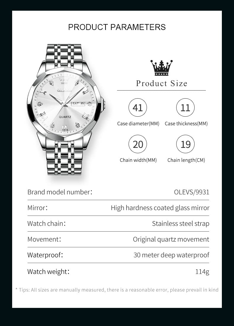 OLEVS Men's Stainless Steel Waterproof Quartz Watch with Luminous Hands & Date Display - Two-Tone Casual Wristwatch for Business, Outdoor & Everyday Wear
