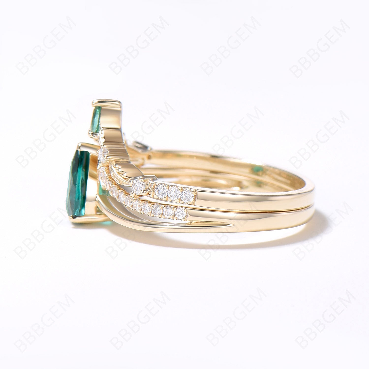 5x7mm Pear Shaped Emerald Bridal Ring Set - 14k Gold May Birthstone Ring with Diamond Accents, Unique Split Shank Branch Leaf Design for Wedding, Proposal Gift - Perfect for Engagement, Anniversary & Special Occasions