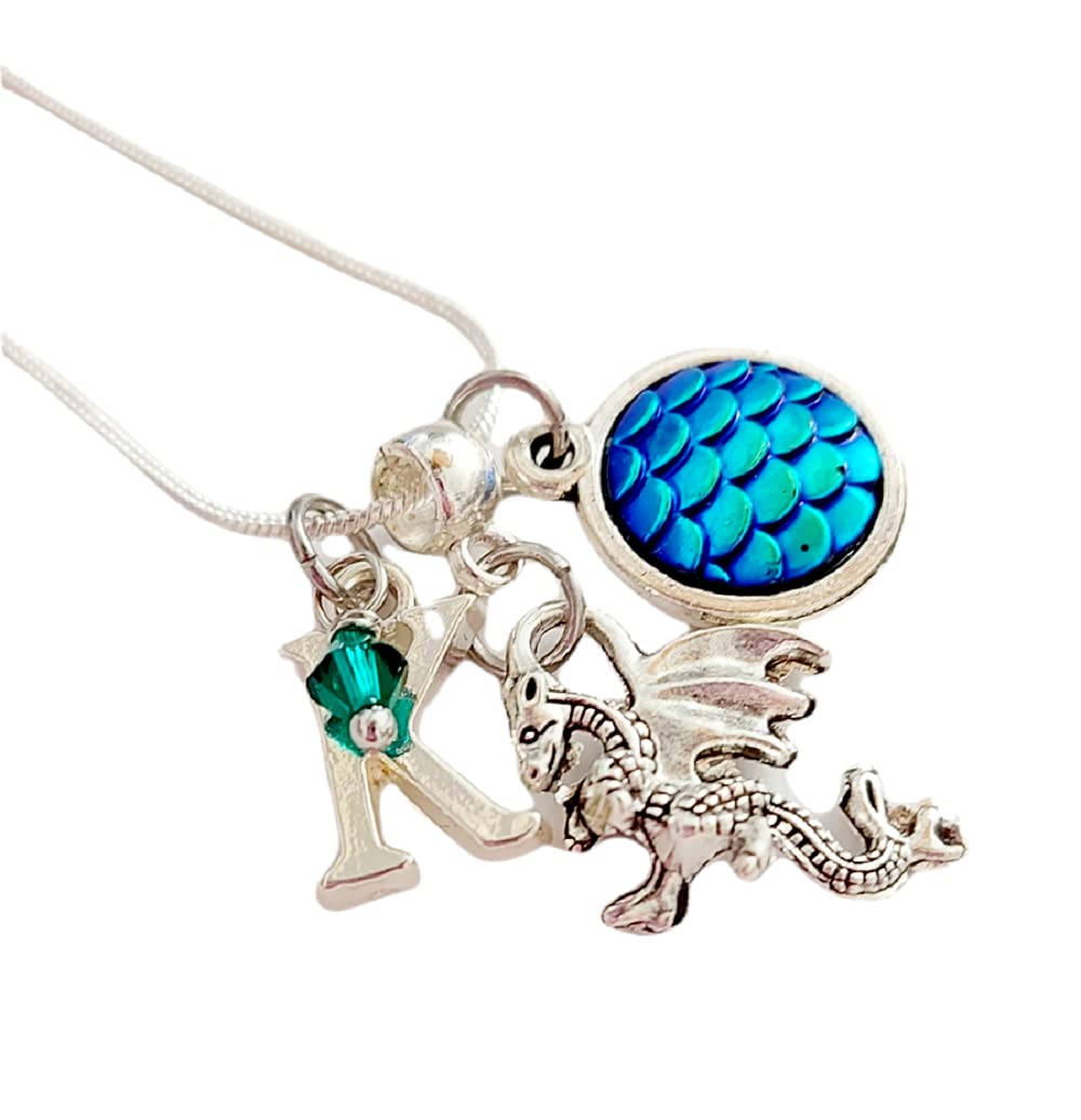 Handmade Mystical Fantasy Dragon Gothic Charm Silver Necklace - Personalized Initial & Colored Dragon Scale Pendant for Cosplay, LARP, Fantasy Costume Jewelry Gift