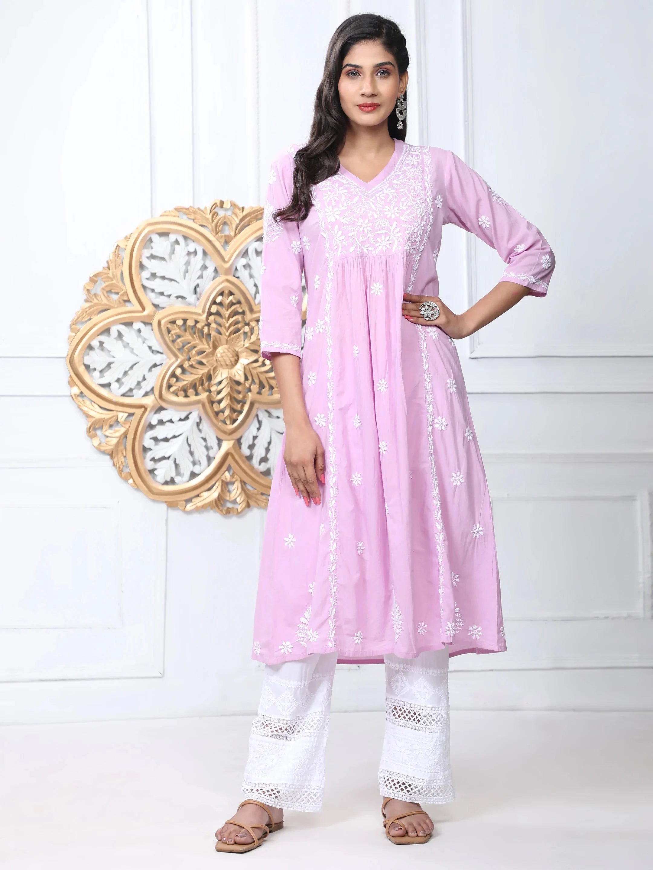 Hand Embroidered Chikankari Long A-Line Kurti for Women - Lavender Ethnic Tunic Top | Perfect for Festivals, Weddings & Casual Wear