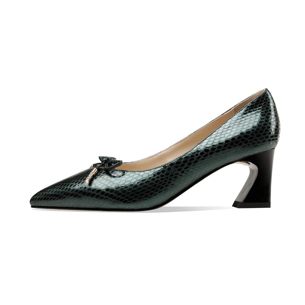 TinaCus Women's Handmade Embossed Genuine Leather Bowtie Pointed Toe Mid Heel Pumps - Elegant Dress Shoes for Work, Party & Special Occasions