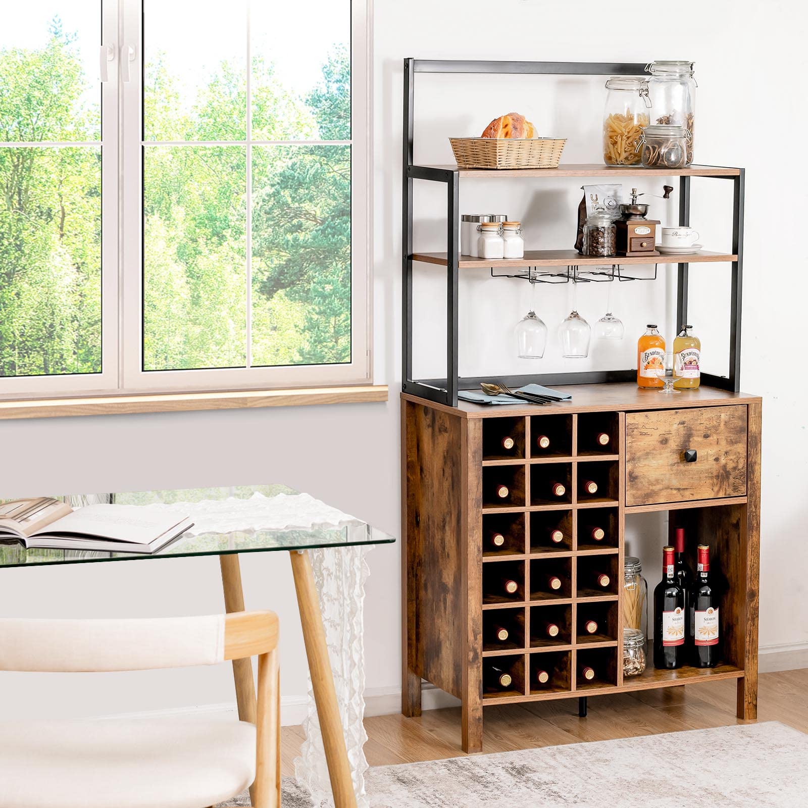 Giantex 18-Bottle Wine Cabinet & Buffet Hutch with Storage Drawer - Wooden Sideboard Wine Rack, Metal Spice Bakers Rack with Glass Holder - Kitchen Microwave Stand for Living Room & Dining Room (Rustic Brown) | Perfect for Wine Storage, Kitchen Organization & Home Decor
