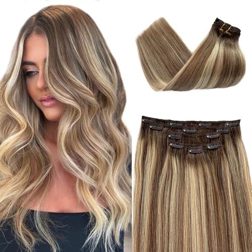 70g Clip in#8T8/613 Balayage Brown and Blonde