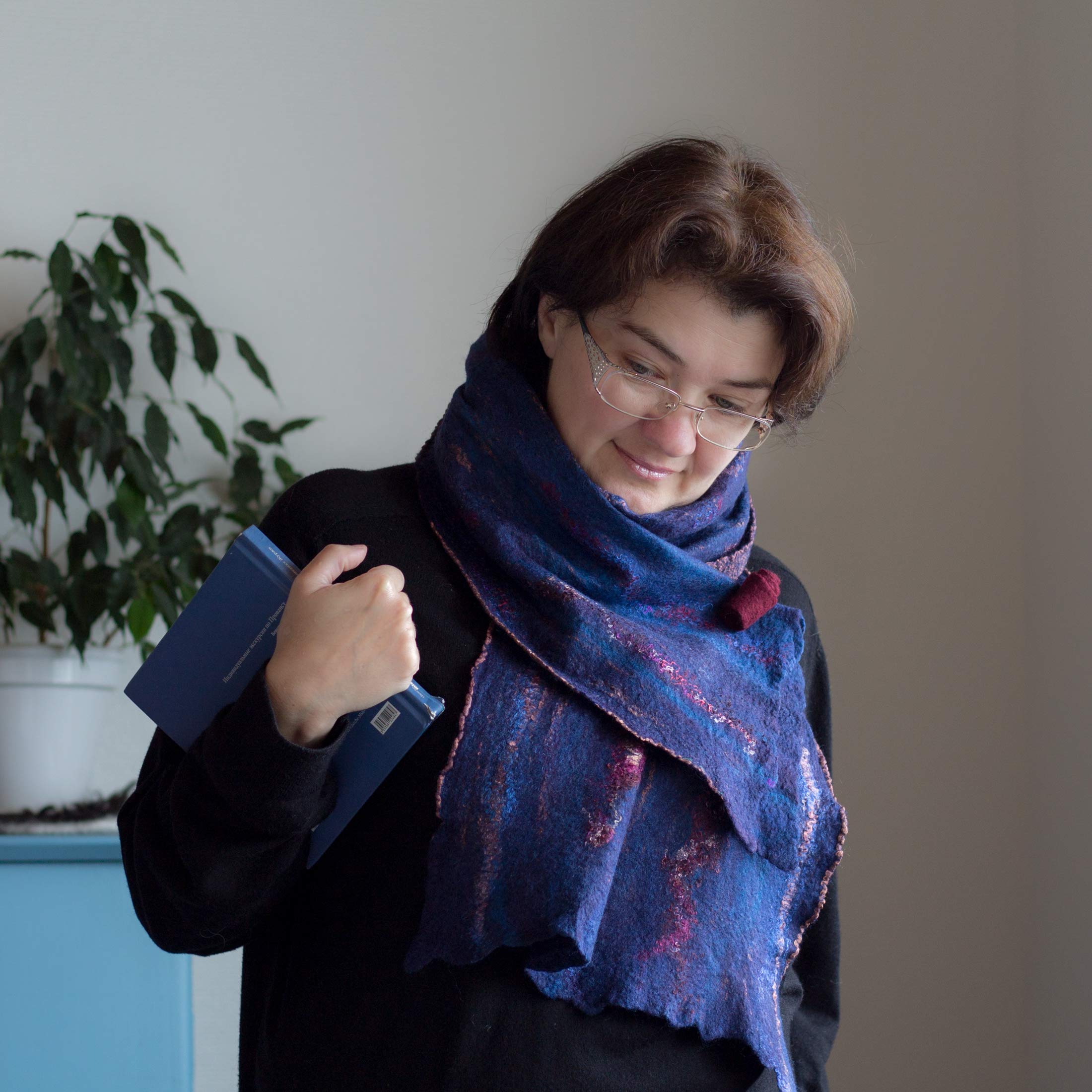 Premium Nuno Felt Scarf - Dark Blue Navy Wool Blend Wrap for Women | Warm Winter Shawl, Fashionable Silk-Like Stole for Evening & Office Wear | Perfect for Fall, Spring & Special Occasions
