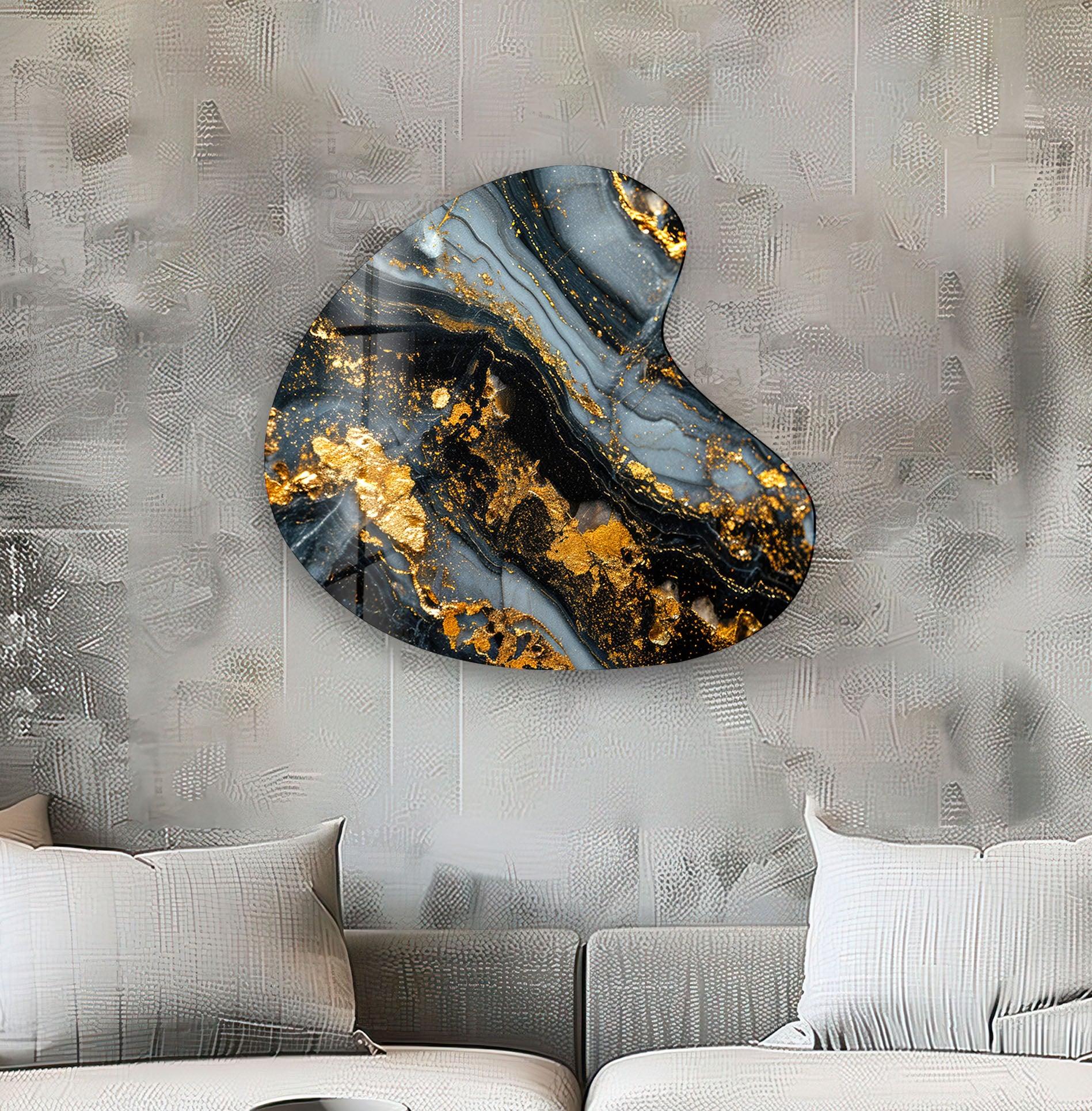 Black Marble Style Irregular Glass Wall Art - Modern Abstract Home Decor for Living Room, Bedroom & Office - Unique Handmade Glass Artwork for Wall Decoration
