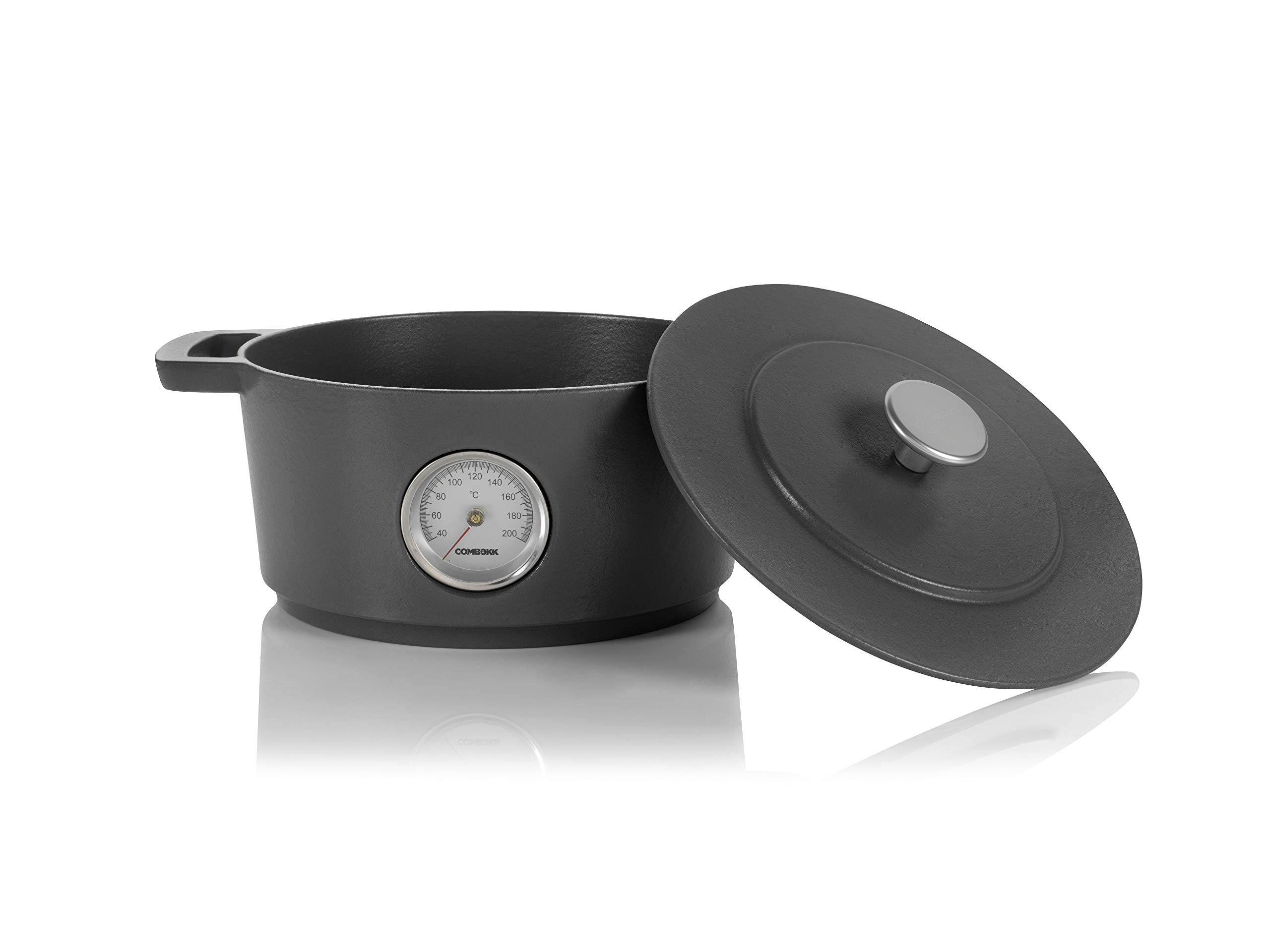 Combekk RAILWAY Recycled Enameled Cast Iron 4.25 Quart Dutch Oven with Built-in Thermometer - Concrete Gray, 9.5 Inch - Perfect for Camping, Baking Bread & Slow Cooking Stews