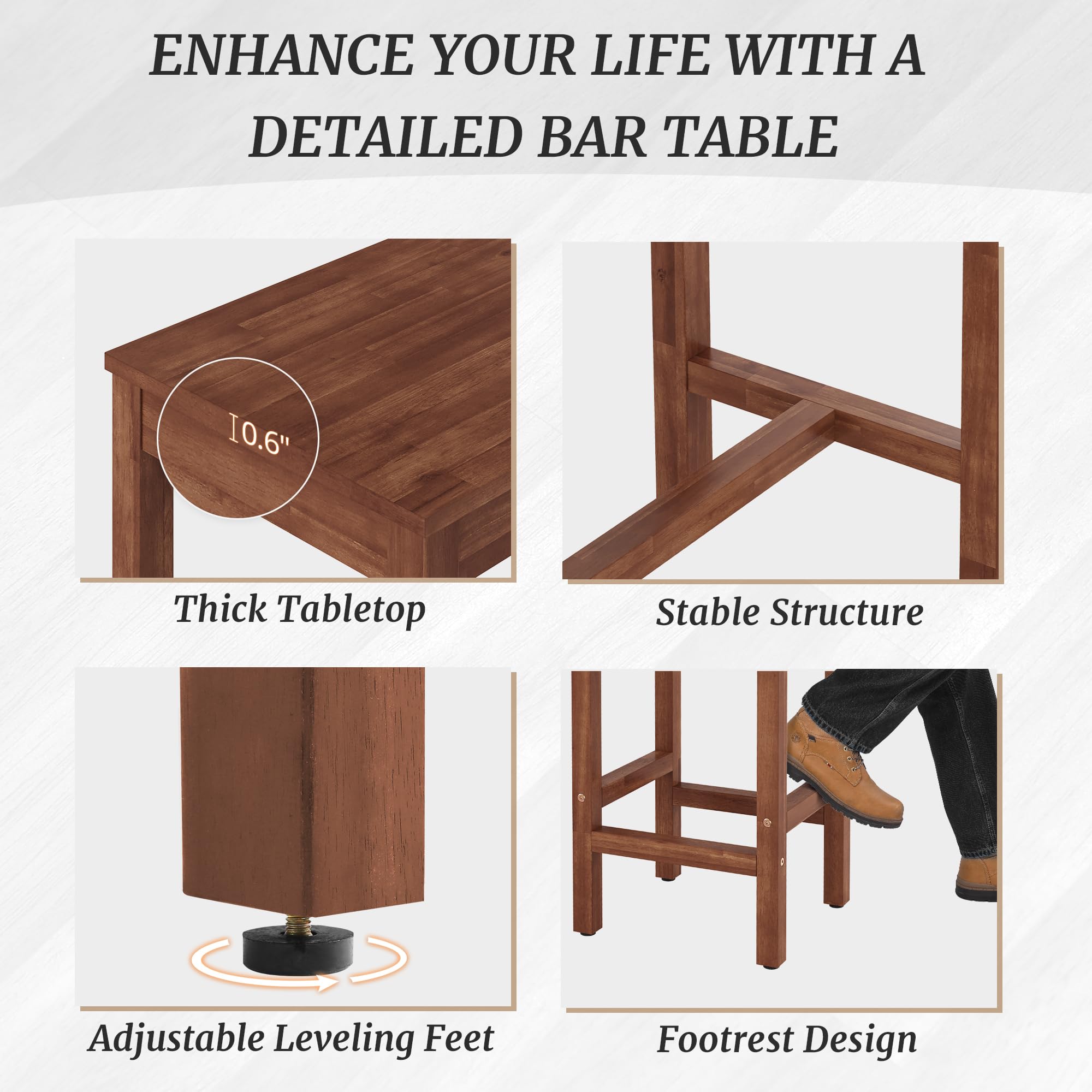 38 Inch Acacia Wood Bar Table and 2 Stools Set - Rectangular Counter Height Pub Table for Dining Room, Kitchen & Living Room - Teak Brown Finish - Perfect for Entertaining, Small Spaces & Modern Home Decor