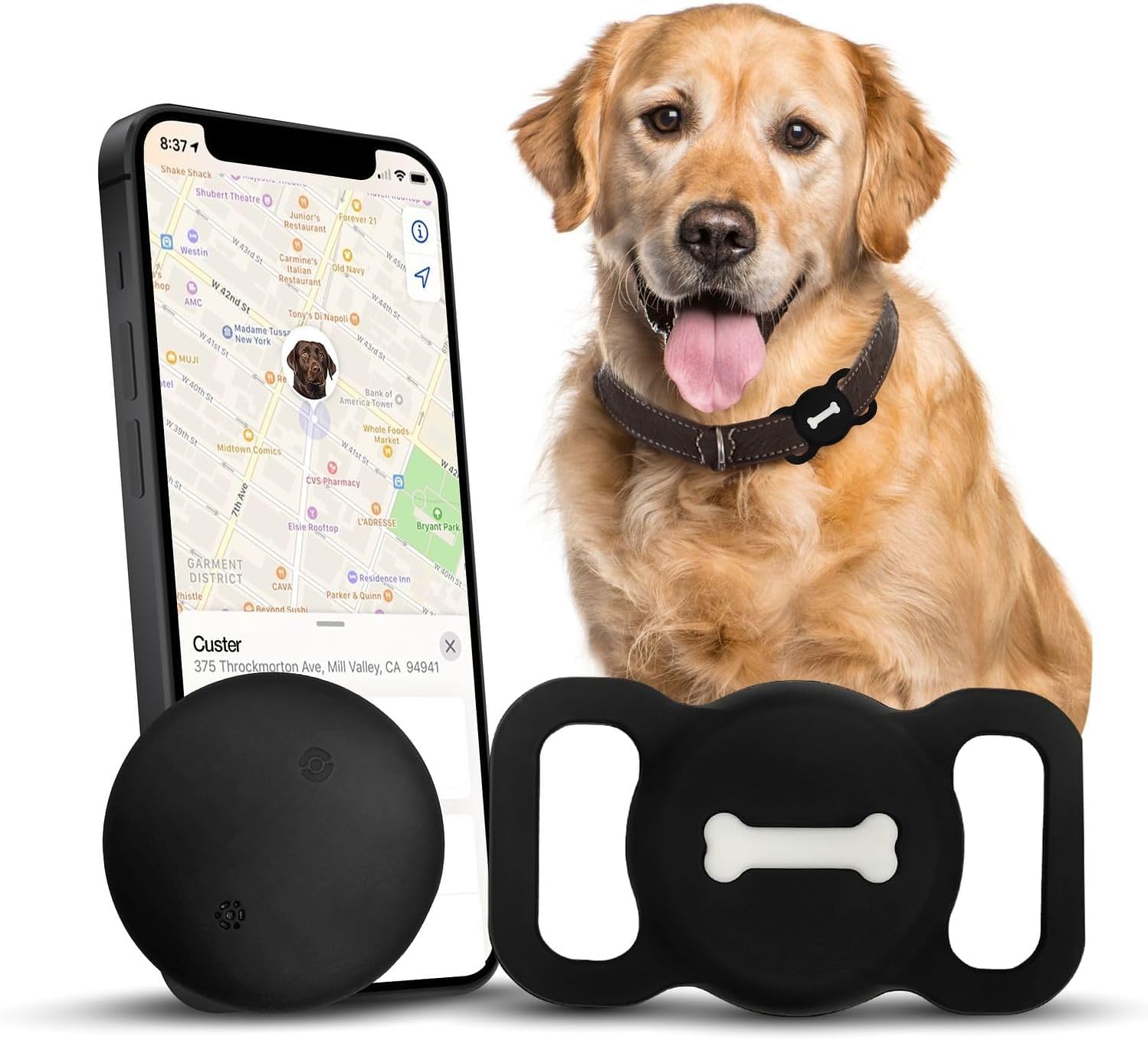 Smart Pet Tracker for Dogs - GPS-Free Location Tracking Device with Black Collar Holder, Compatible with Find My App | Perfect for Outdoor Adventures, Hiking & Keeping Pets Safe at Home