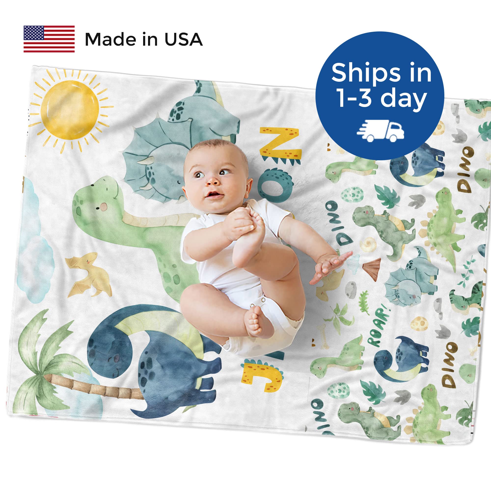 Custom Baby Blankets for Boys with Name - Personalized Soft Plush Fleece Baby Gift (Dinosaur 235) | Newborn Nursery Essential & Birthday Present
