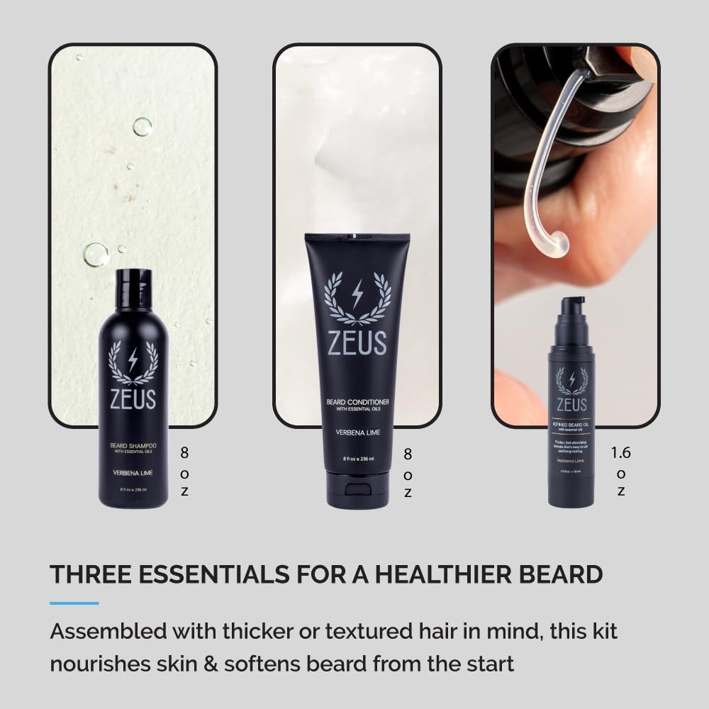 ZEUS Beard Growth Kit for Thick Beards - Natural Beard Shampoo, Conditioner & Premium Sandalwood Beard Oil (Made in USA) - Perfect for Daily Grooming & Styling