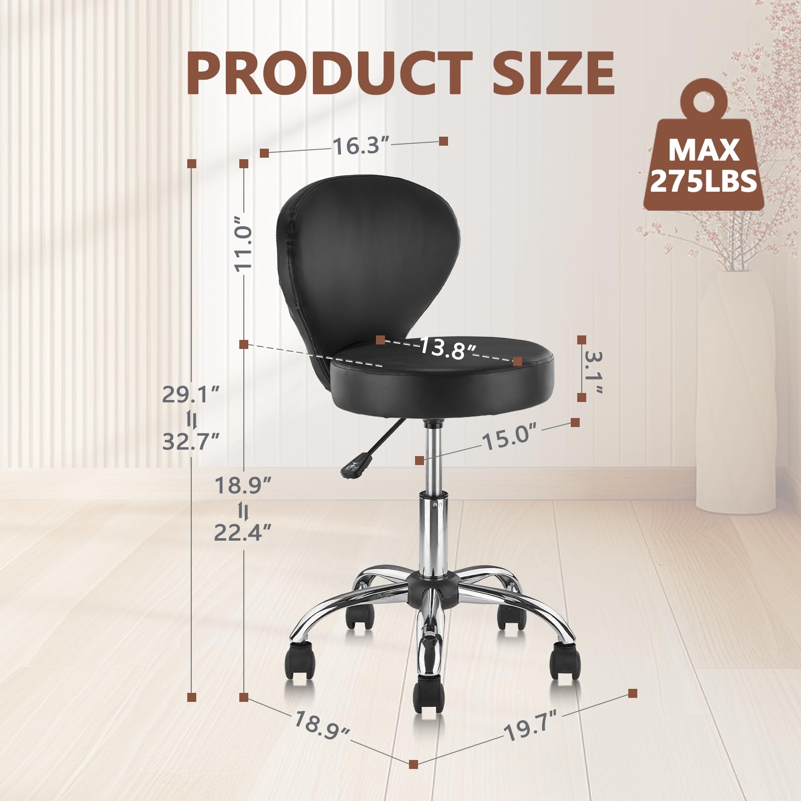 2 Pack Adjustable Hydraulic Salon Stool Chair - PVC Faux Leather Rolling Swivel Stool with Wheels, Lumbar Support, 22