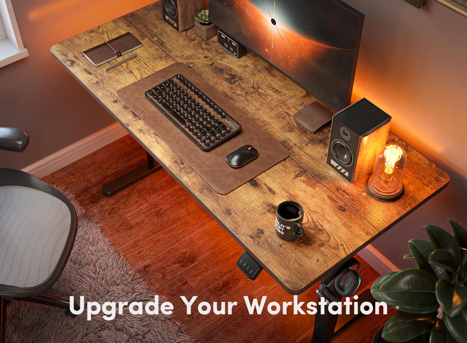 FEZIBO Electric Standing Desk 48 x 24 Inches, Height Adjustable Sit Stand Desk with Splice Board - Black Frame & Rustic Brown Top for Home Office, Gaming, and Workspace Ergonomics