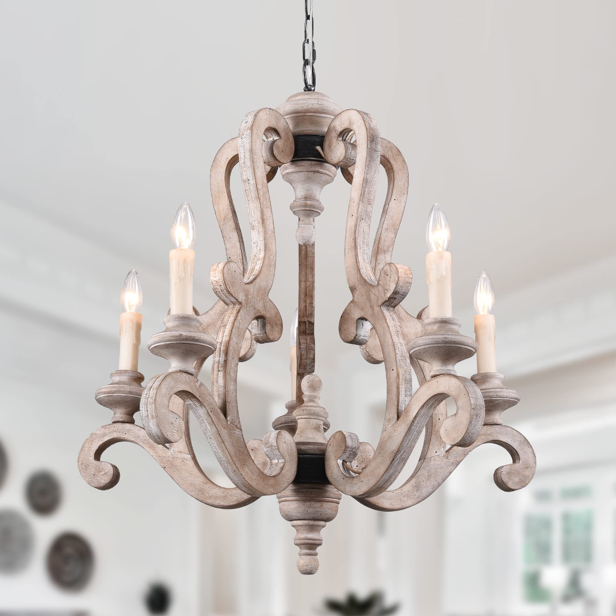 French Country Farmhouse Chandelier - 5-Light Candle Style Empire Pendant Light with Wood Accents - Antique Weathered Wood Finish - Perfect for Living Room, Dining Room & Bedroom Lighting