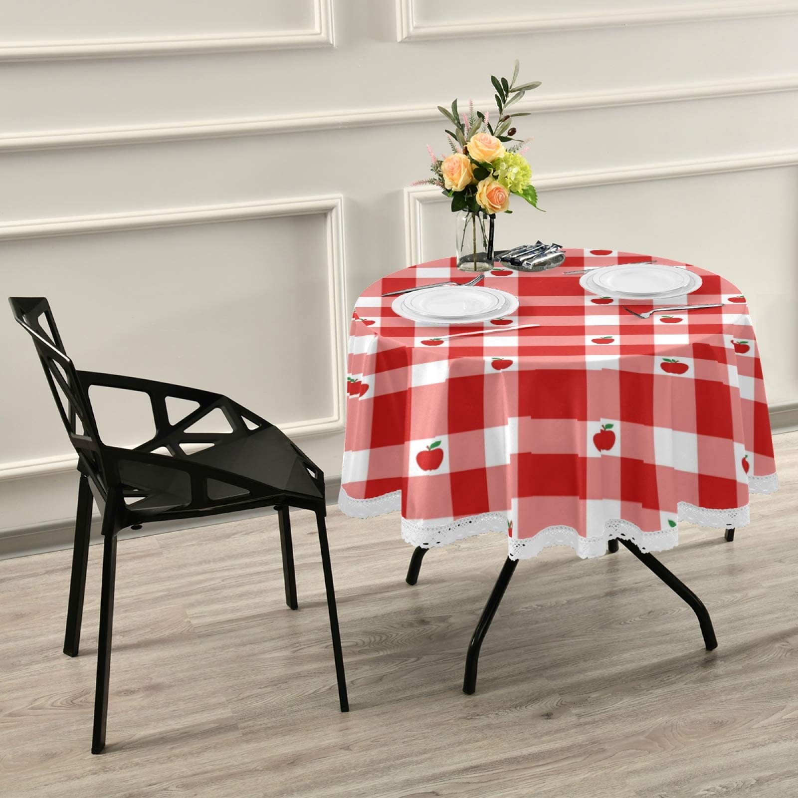 Red Apples Buffalo Plaid Round Tablecloth - 60 Inch Washable Polyester Table Cover for Kitchen, Party, Picnic & Dining Decor | Fresh Fruits Check Circular Tabletop Runner | Perfect for Holiday Gatherings, Farmhouse Decor & Outdoor Events
