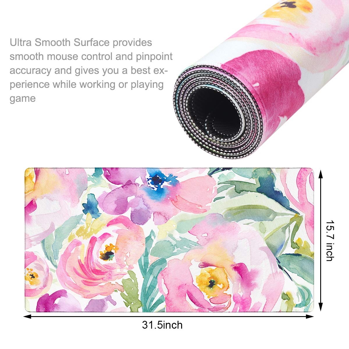 Floral Mouse Pad - Large Non-Slip Desk Mat for Keyboard and Mouse | Cute Stitched Edge Office & Home Desk Pad | 31.5