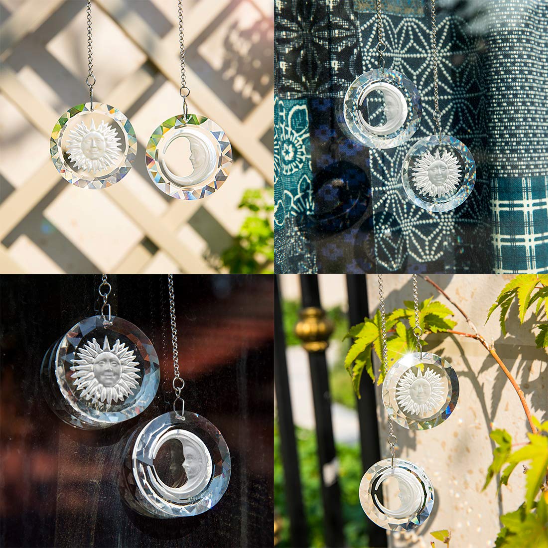 45mm Crystal Suncatcher Round Pendant - Rainbow Maker for Home & Car Decor (Moon & Sun Design) - Perfect for Windows, Gardens, and Windshield Decoration