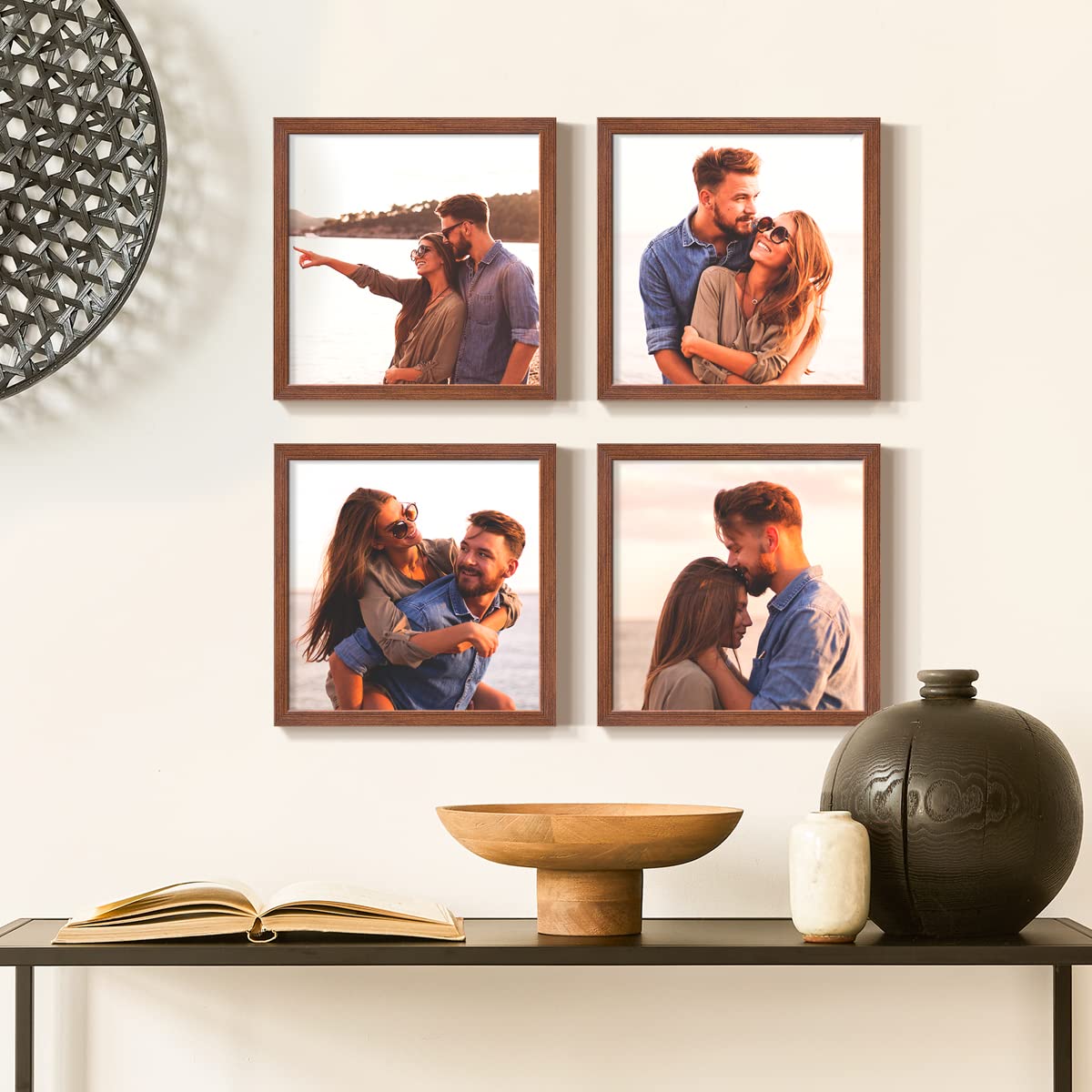 Set of 4 Custom 8x8 Photo Prints with Real Walnut Wood Frames - Peel & Stick Picture Frames for Personalized Wall Collage - Perfect for Home Decor, Gifts & Office Wall Art
