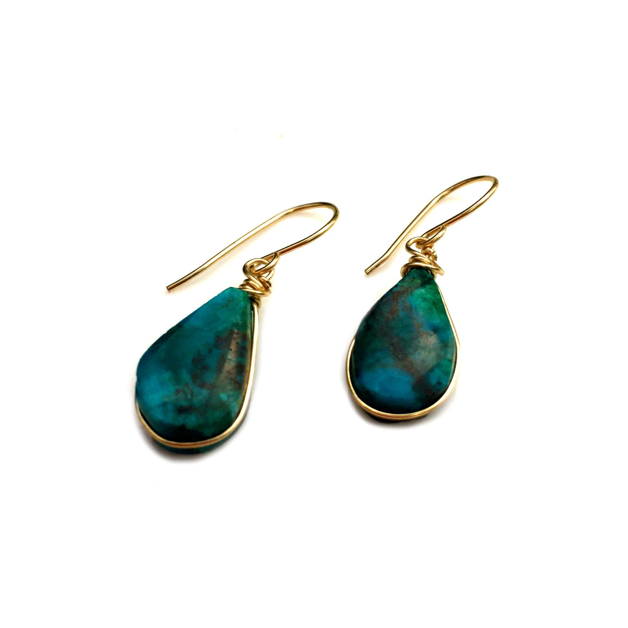 Handmade Chrysocolla Jewelry Set for Women - 14K Gold Filled Dainty Necklace & Teardrop Earrings | Healing Crystal Gift for Birthday, Meditation & Spiritual Healing | by Rumi Sumaq
