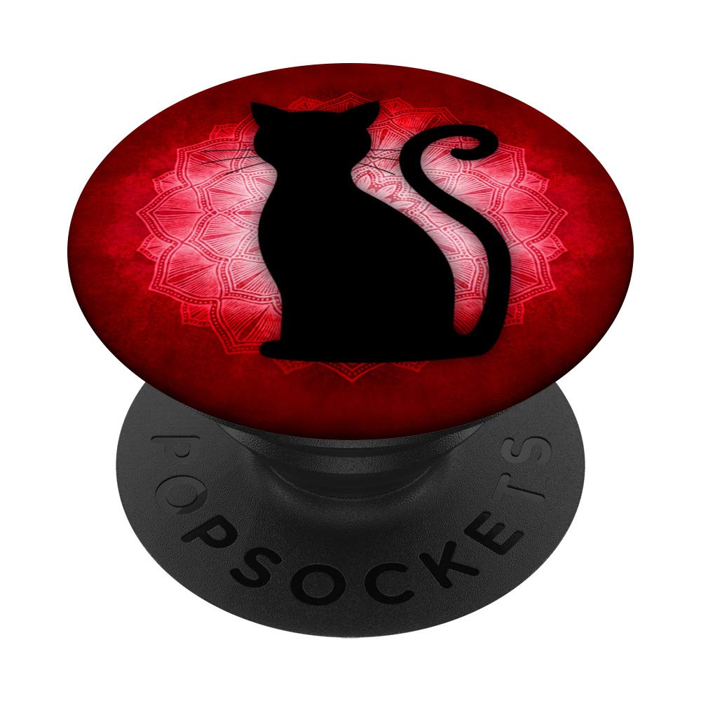 Cat Design Black Shape Red Mandala Flower PopSockets PopGrip: Swappable Phone & Tablet Grip for Secure Hold, Stylish Accessory for Everyday Use, Travel, and Work