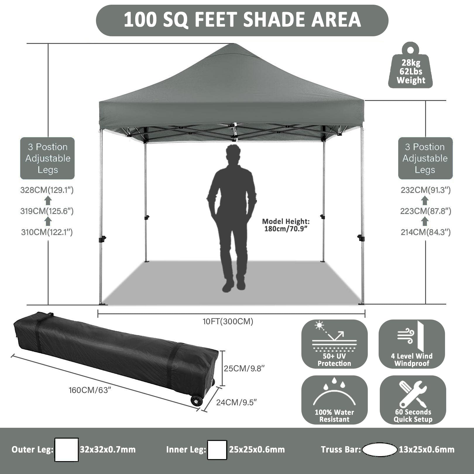 COBIZI 10x10 Pop Up Canopy Tent - Heavy Duty Waterproof Commercial Canopy with 4 Sidewalls & Wheeled Carry Bag - Gray 10x10ft Outdoor Shelter for Parties, Events, Camping, Beach & Backyard Gatherings