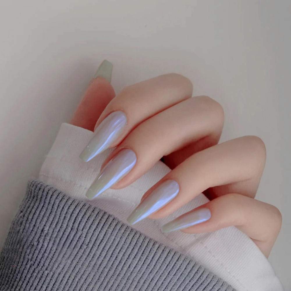 24pcs HUJL False Nails - Shiny White Super Long Ballerina Coffin Fake Nails with Aurora Neon Effect | Nail Extension Tools for Parties, Weddings & Special Occasions