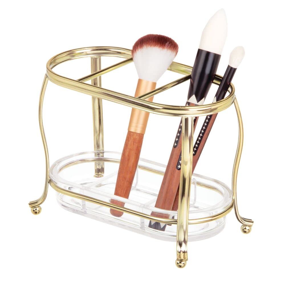 mDesign Decorative Makeup Brush Organizer with 3 Sections & Removable Tray - Soft Brass/Clear Vanity Storage for Brushes, Cosmetics - Perfect for Bathroom Countertops, Dressing Tables & Beauty Stations